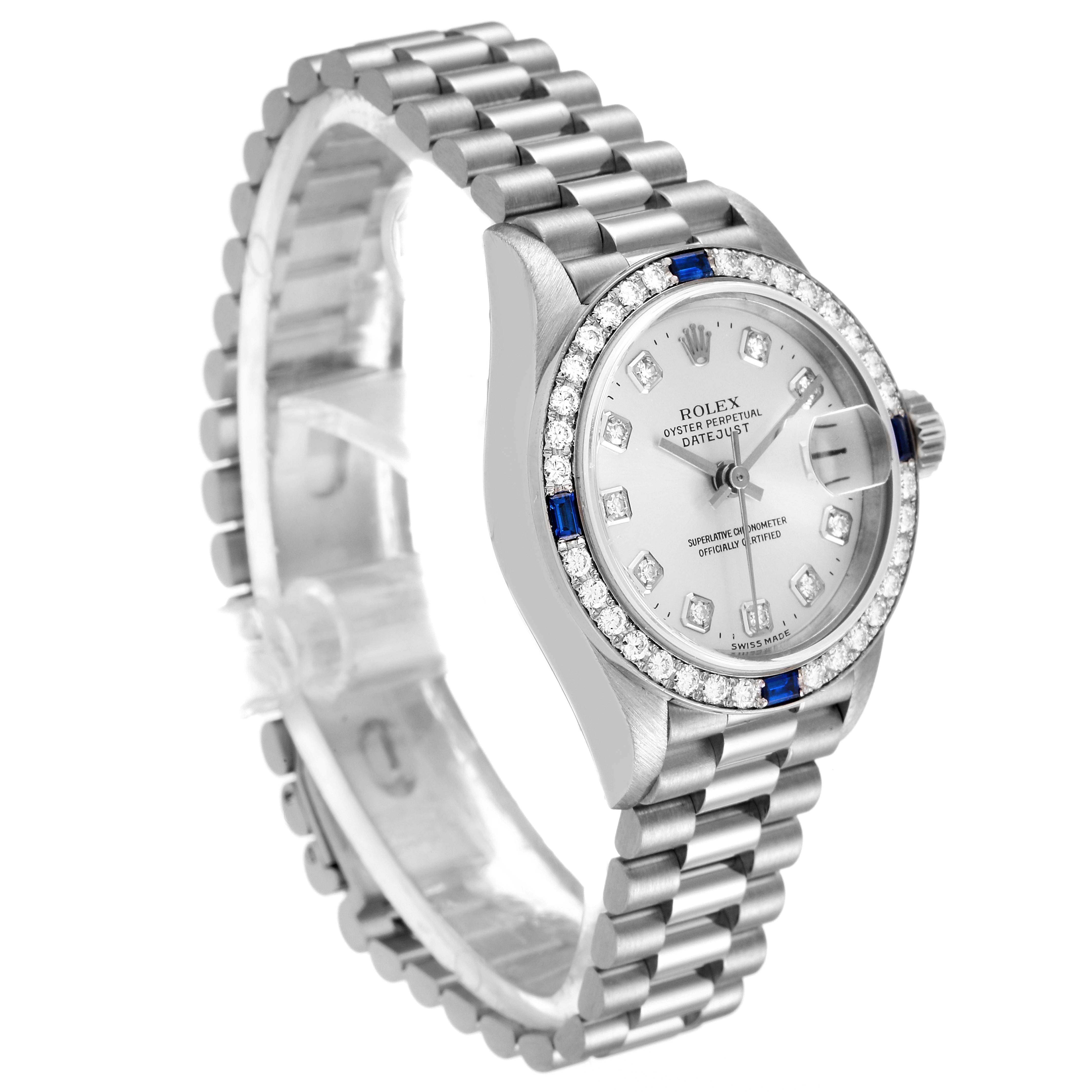 The Rolex President 79089 Women's White Gold Silver Dial 79089 Women's White Gold Silver Dial model watch is shown at a slight angle, highlighting the face, bezel, bracelet, and crown.