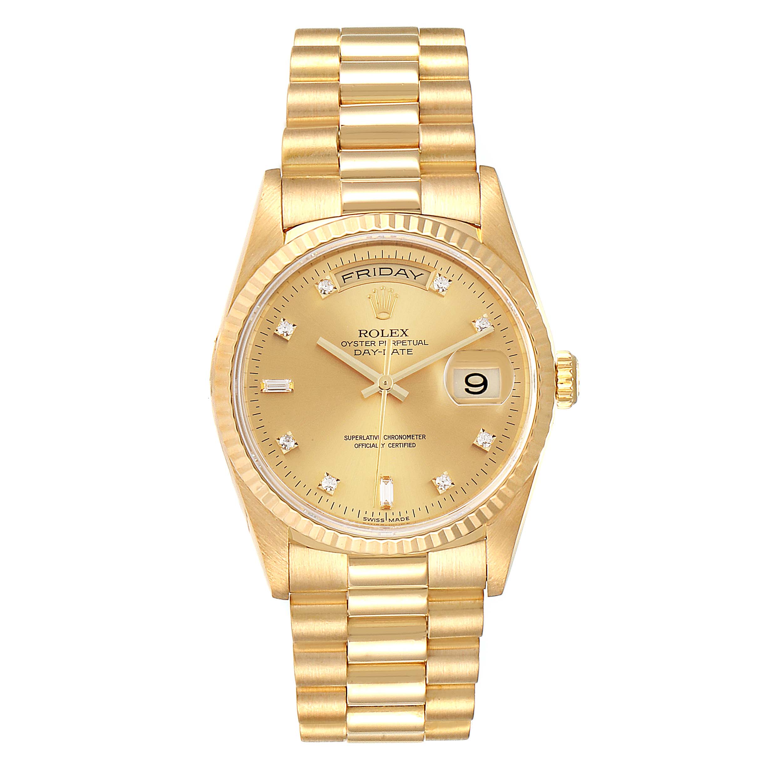 The image shows a frontal view of a Rolex President 18238 Men
s Yellow Gold Champagne Dial 18238 Men
s Yellow Gold Champagne Dial model watch, including the dial, day-date display, and gold bracelet.