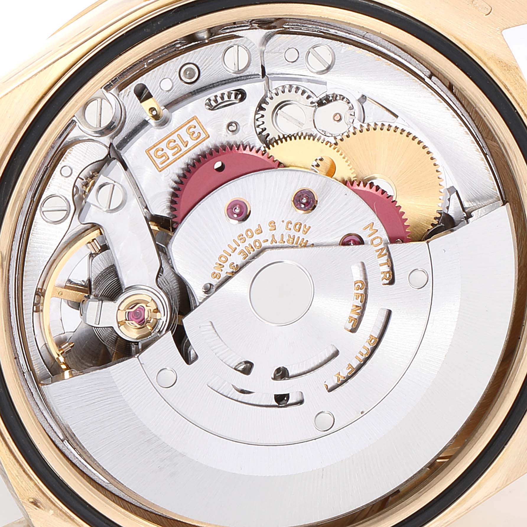 This image shows the internal mechanical movement of the Rolex President 18238 Men
s Yellow Gold Champagne Dial 18238 Men
s Yellow Gold Champagne Dial model watch from a top-down angle.