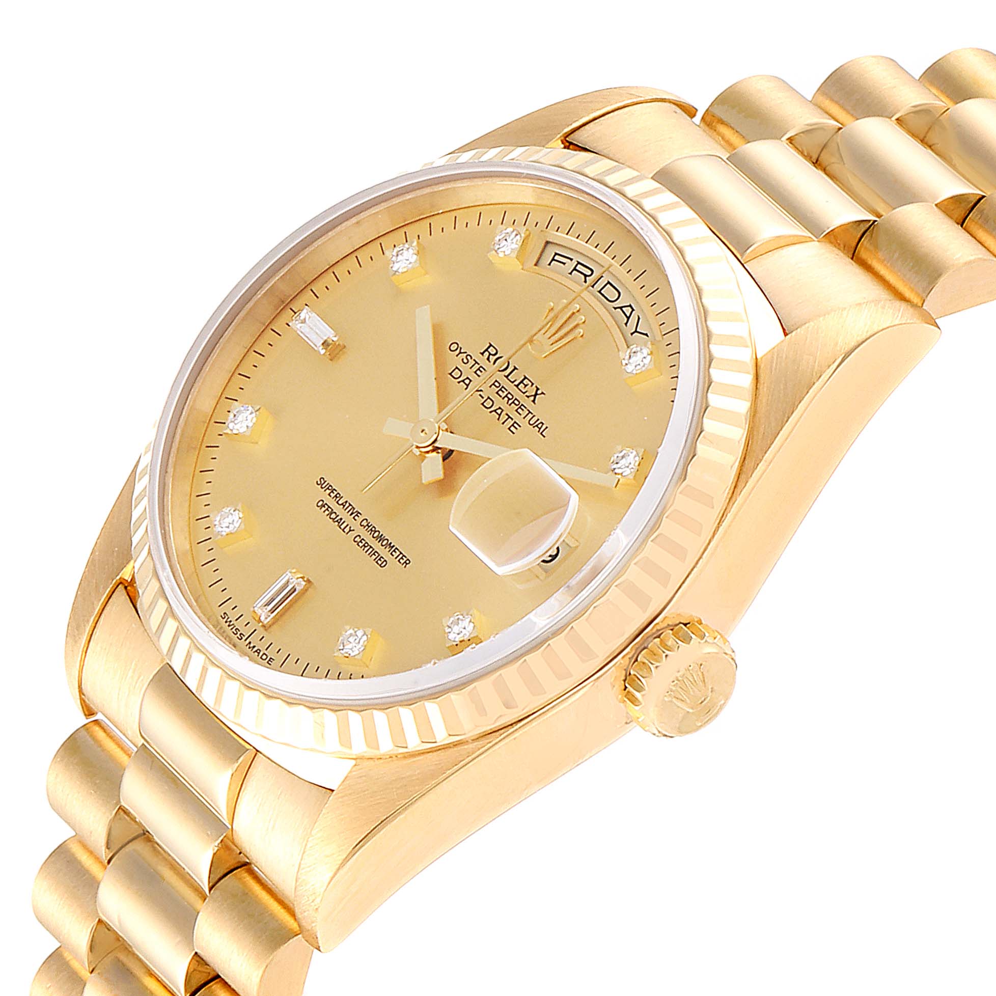 This image shows a Rolex President 18238 Men
s Yellow Gold Champagne Dial 18238 Men
s Yellow Gold Champagne Dial watch at an angle, displaying its gold dial, day-date feature, and bracelet.