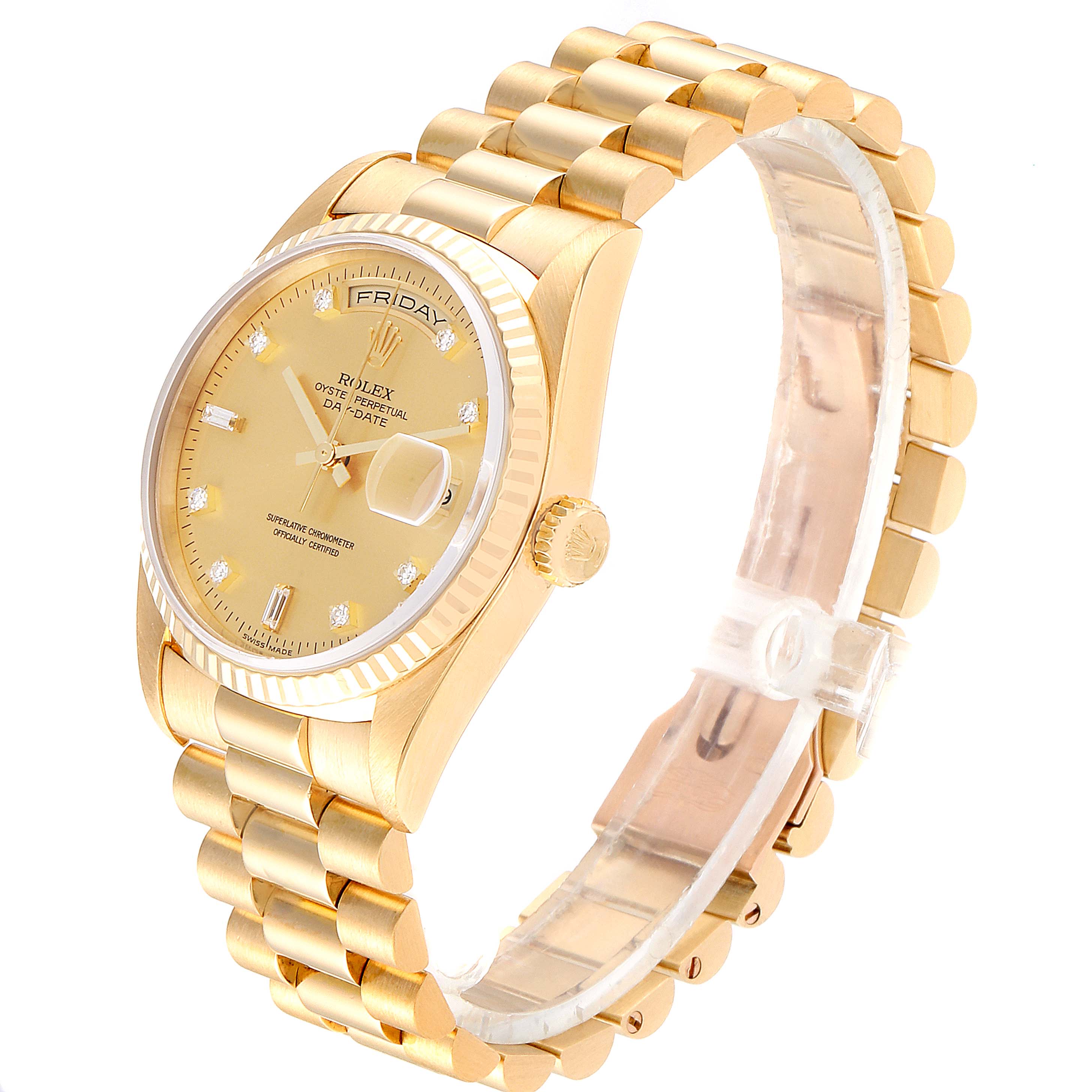 The image shows a Rolex President 18238 Men
s Yellow Gold Champagne Dial 18238 Men
s Yellow Gold Champagne Dial model watch, angled diagonally, displaying the face, band, crown, and part of the clasp.