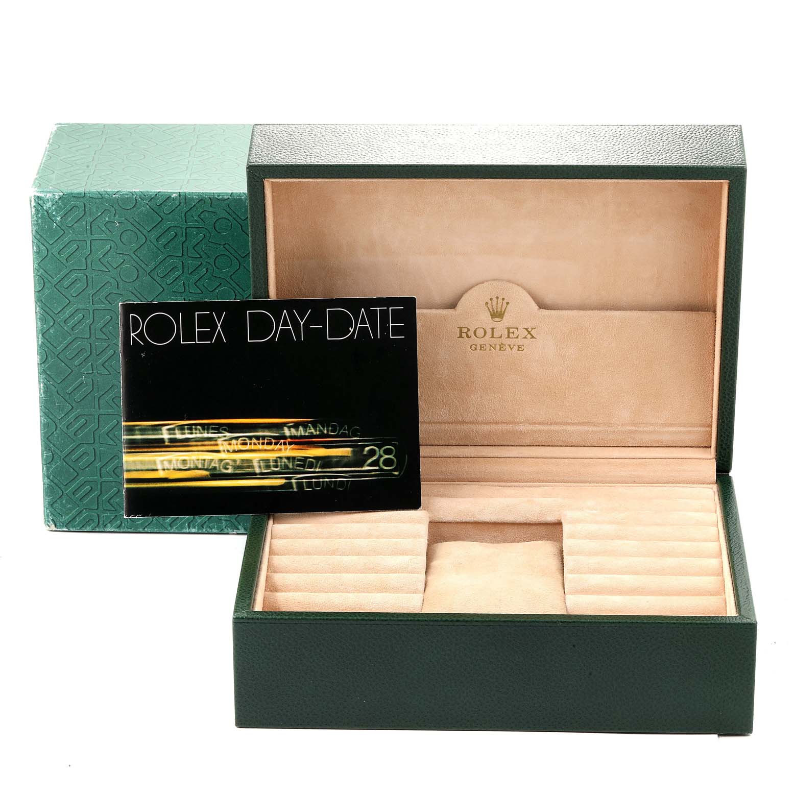 The image shows an open Rolex President 18238 Men
s Yellow Gold Champagne Dial 18238 Men
s Yellow Gold Champagne Dial model Day-Date watch box with its interior and a booklet.