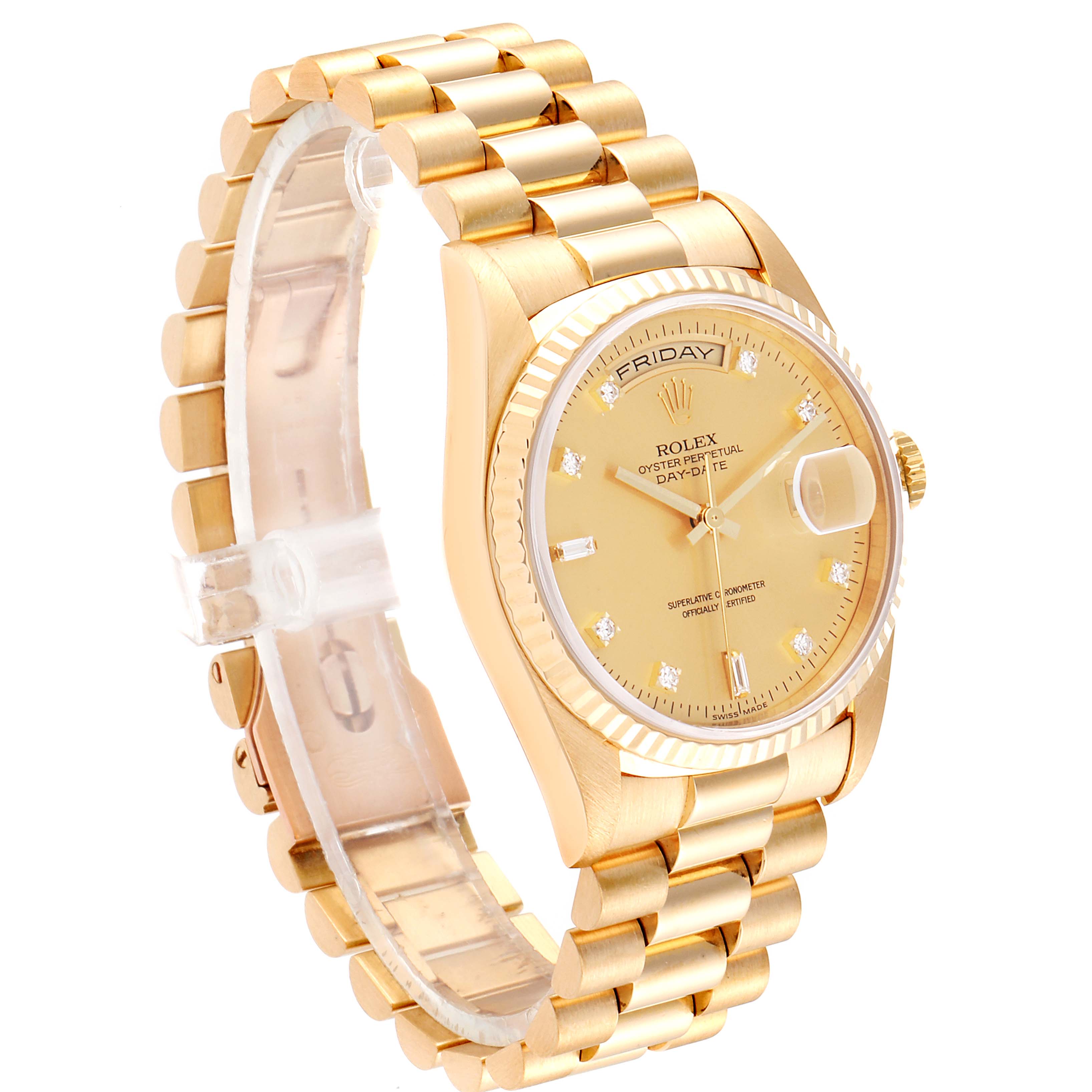 This image shows a Rolex President 18238 Men
s Yellow Gold Champagne Dial 18238 Men
s Yellow Gold Champagne Dial model watch at a three-quarter angle, highlighting the gold bracelet and dial.