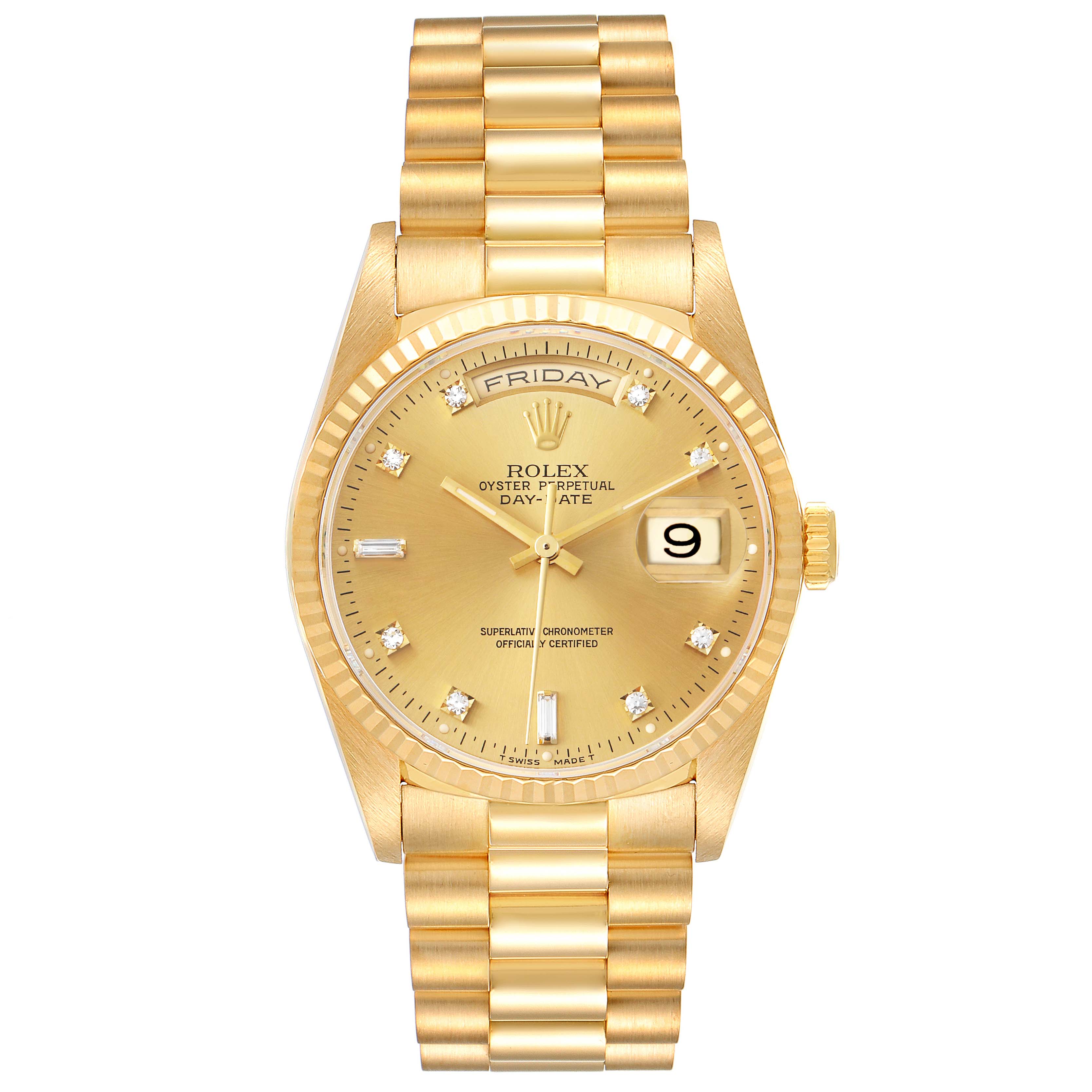 The image shows a Rolex President 18238 Men
s Yellow Gold Champagne Dial 18238 Men
s Yellow Gold Champagne Dial model watch from a frontal angle, displaying the watch face, bezel, crown, and bracelet.