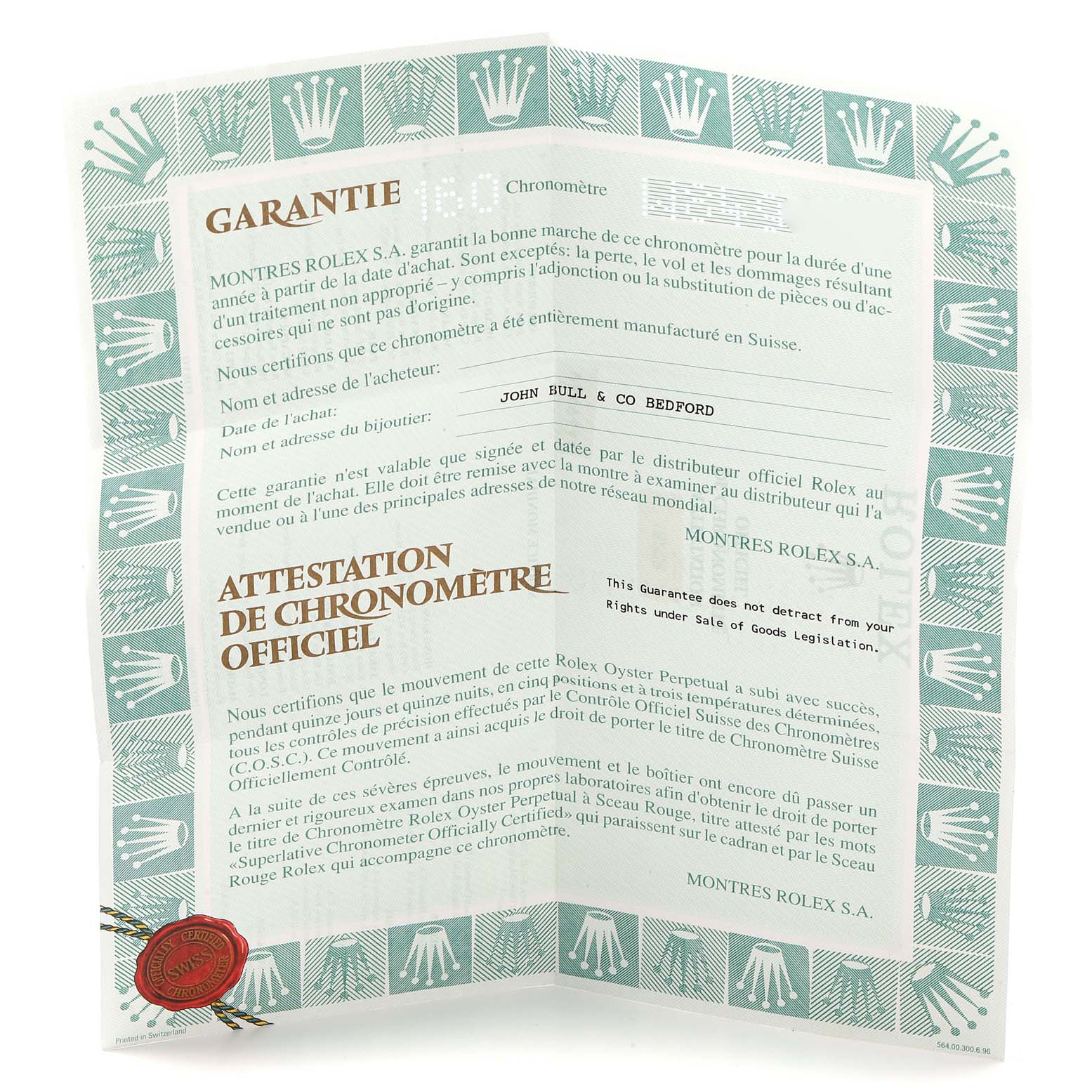 This image shows a Rolex "President" model guarantee and official chronometer certificate.