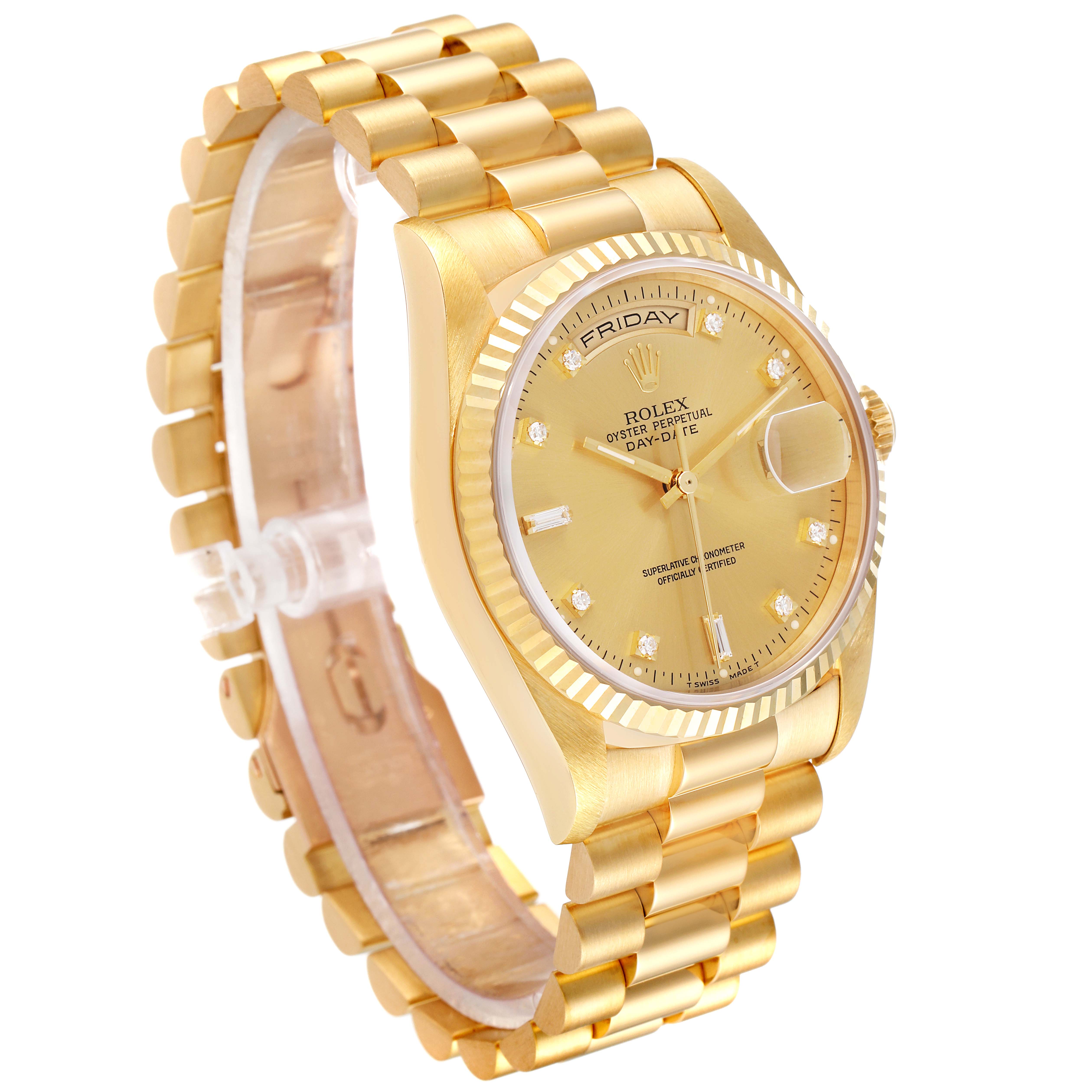 The image shows a Rolex President 18238 Men
s Yellow Gold Champagne Dial 18238 Men
s Yellow Gold Champagne Dial model watch at a slight angle, displaying its gold band, diamond markers, and fluted bezel.