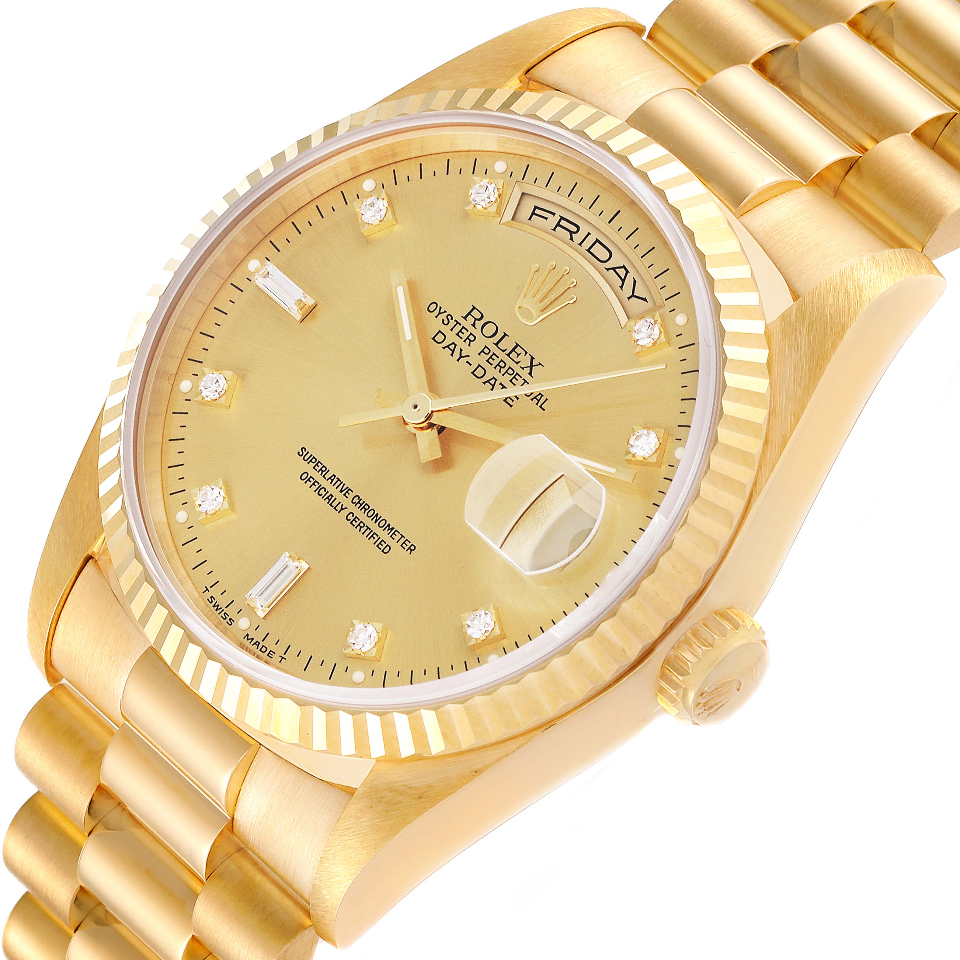 The image shows a close-up angle of the Rolex President 18238 Men
s Yellow Gold Champagne Dial 18238 Men
s Yellow Gold Champagne Dial model watch, highlighting the dial, bezel, day-date window, and part of the bracelet.