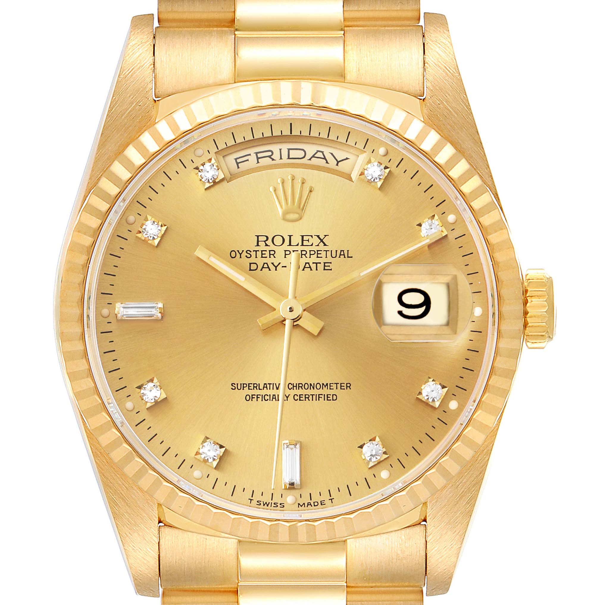 This image shows a frontal view of a gold Rolex President 18238 Men
s Yellow Gold Champagne Dial 18238 Men
s Yellow Gold Champagne Dial Day-Date watch, displaying the face, bezel, and part of the bracelet.