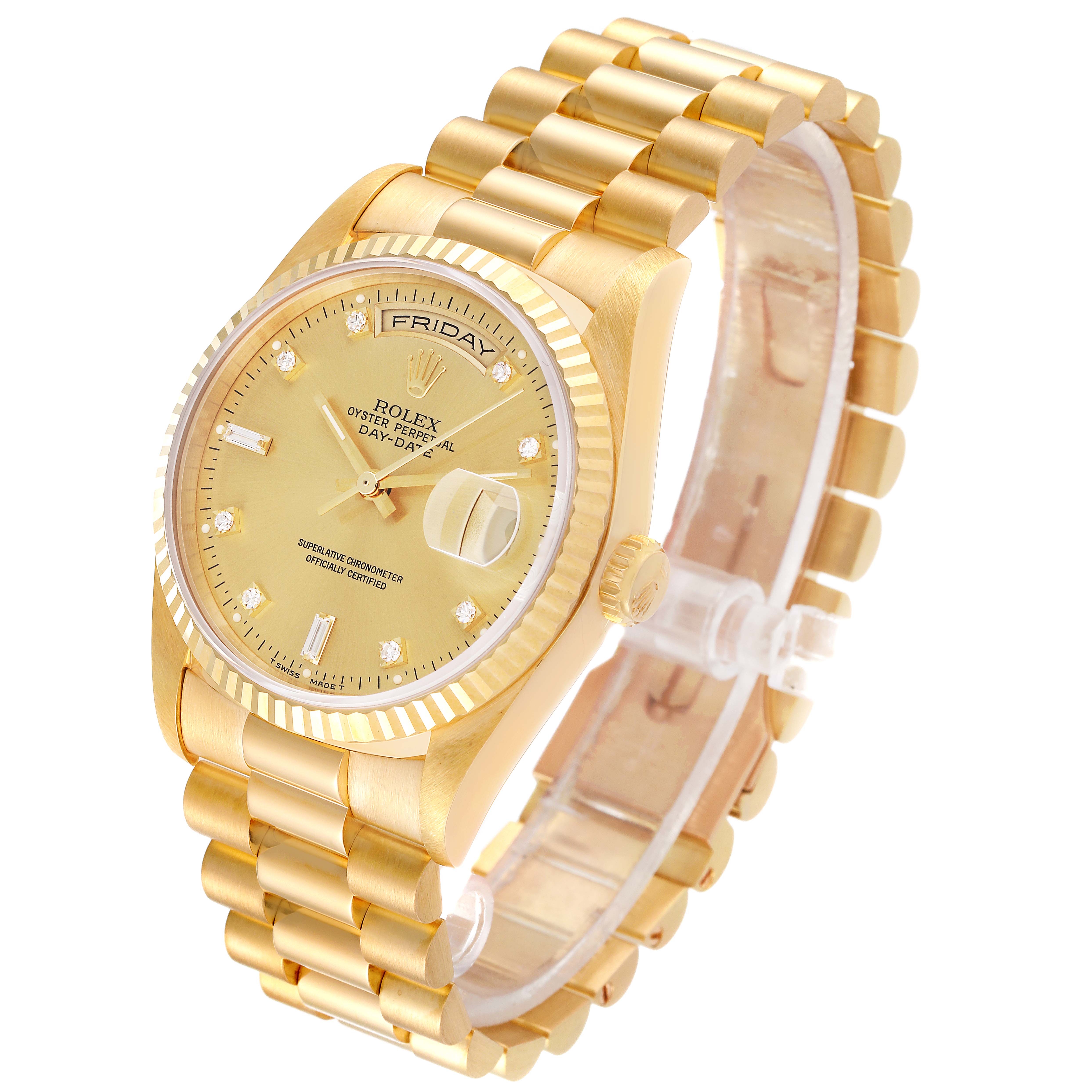 The image shows a Rolex President 18238 Men
s Yellow Gold Champagne Dial 18238 Men
s Yellow Gold Champagne Dial model watch from an oblique angle, highlighting its face, bezel, bracelet, and crown.