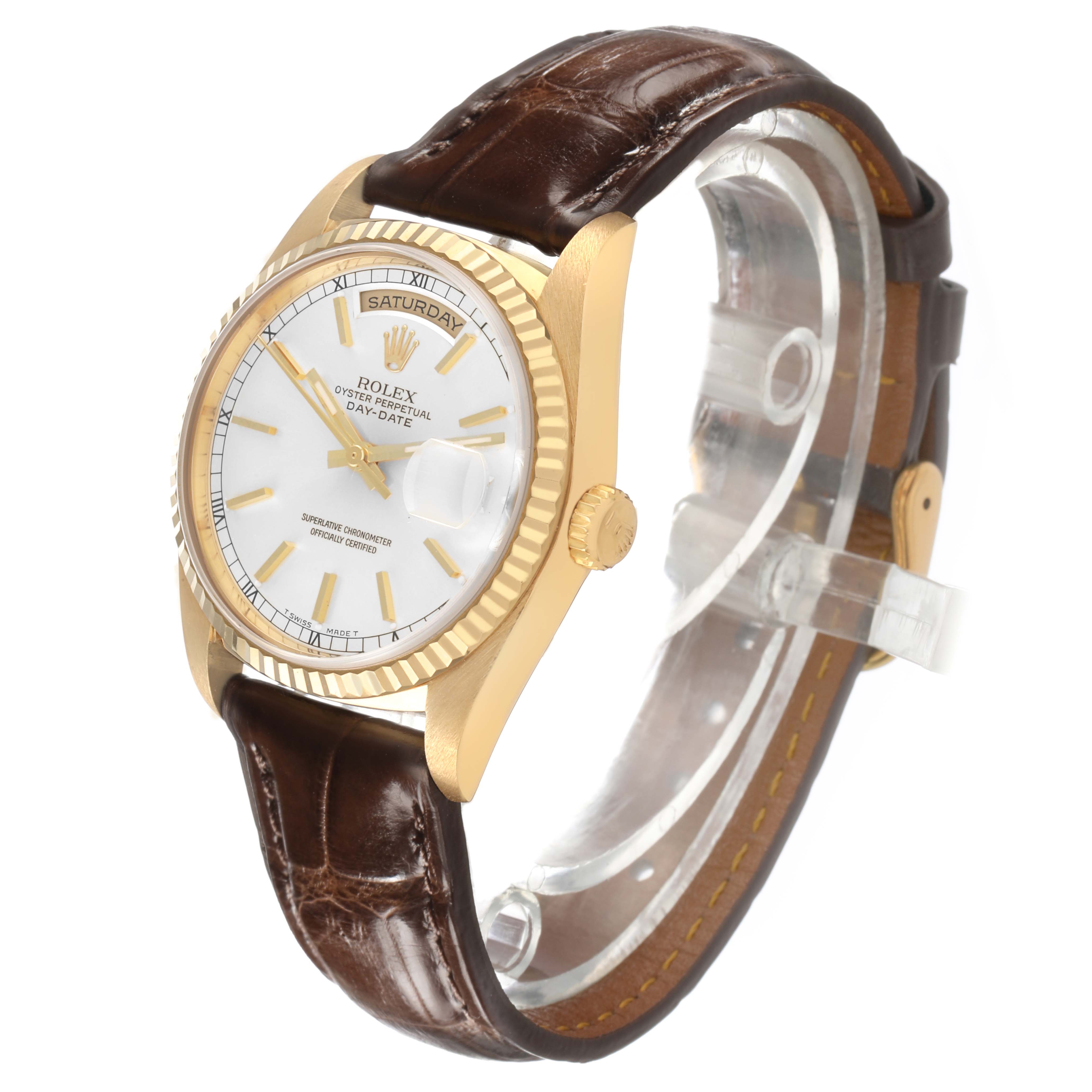 The Rolex President 18238 Men's Yellow Gold Silver Dial model watch is shown at a slight angle, highlighting the gold case, fluted bezel, and leather strap.