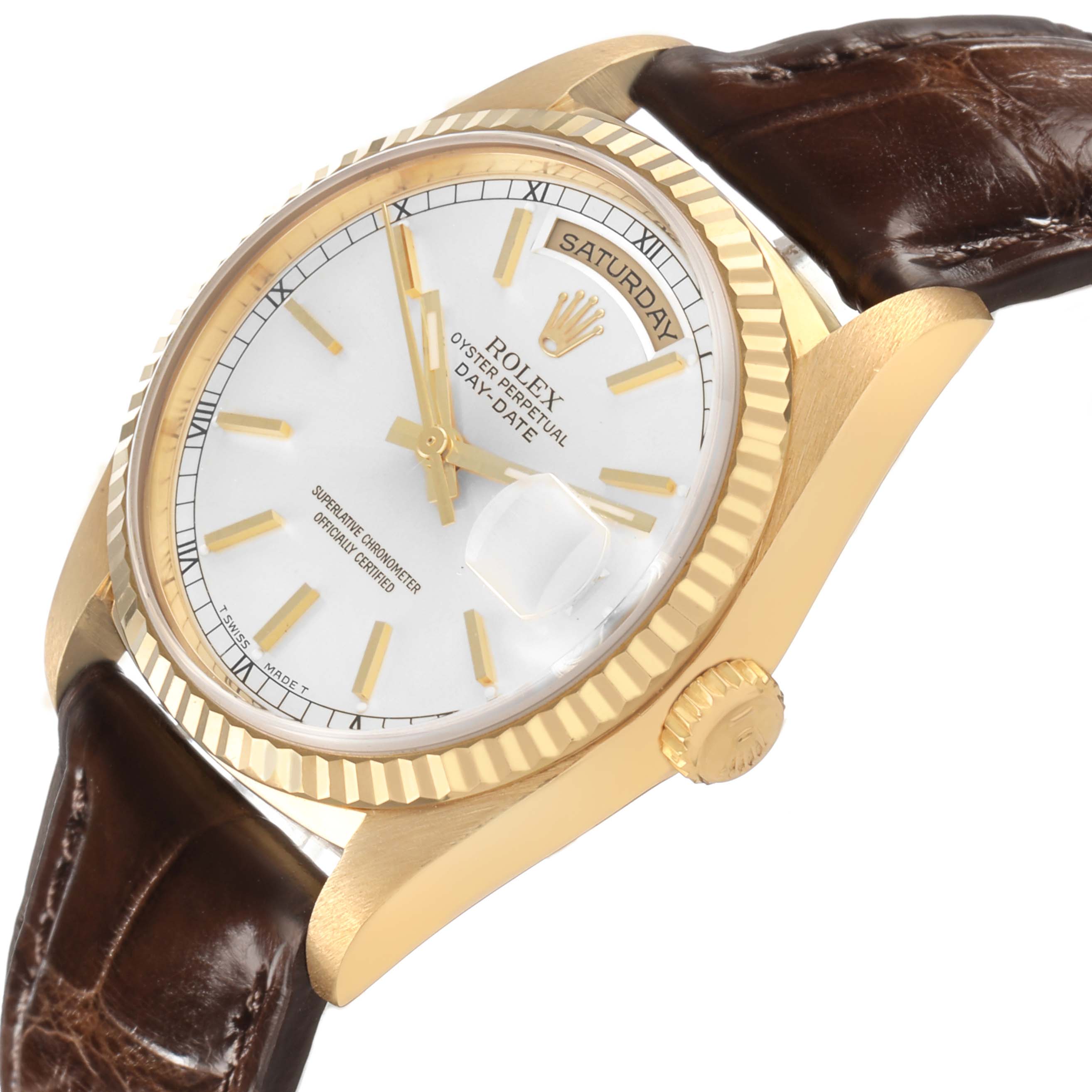 The Rolex President 18238 Men's Yellow Gold Silver Dial watch is shown at an angle highlighting the face, bezel, crown, and leather strap.