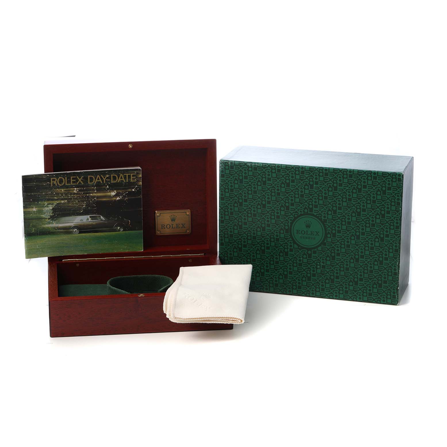 The image shows a Rolex President 18238 Men's Yellow Gold Silver Dial model's box, booklet, cleaning cloth, and outer box, viewed from the front.