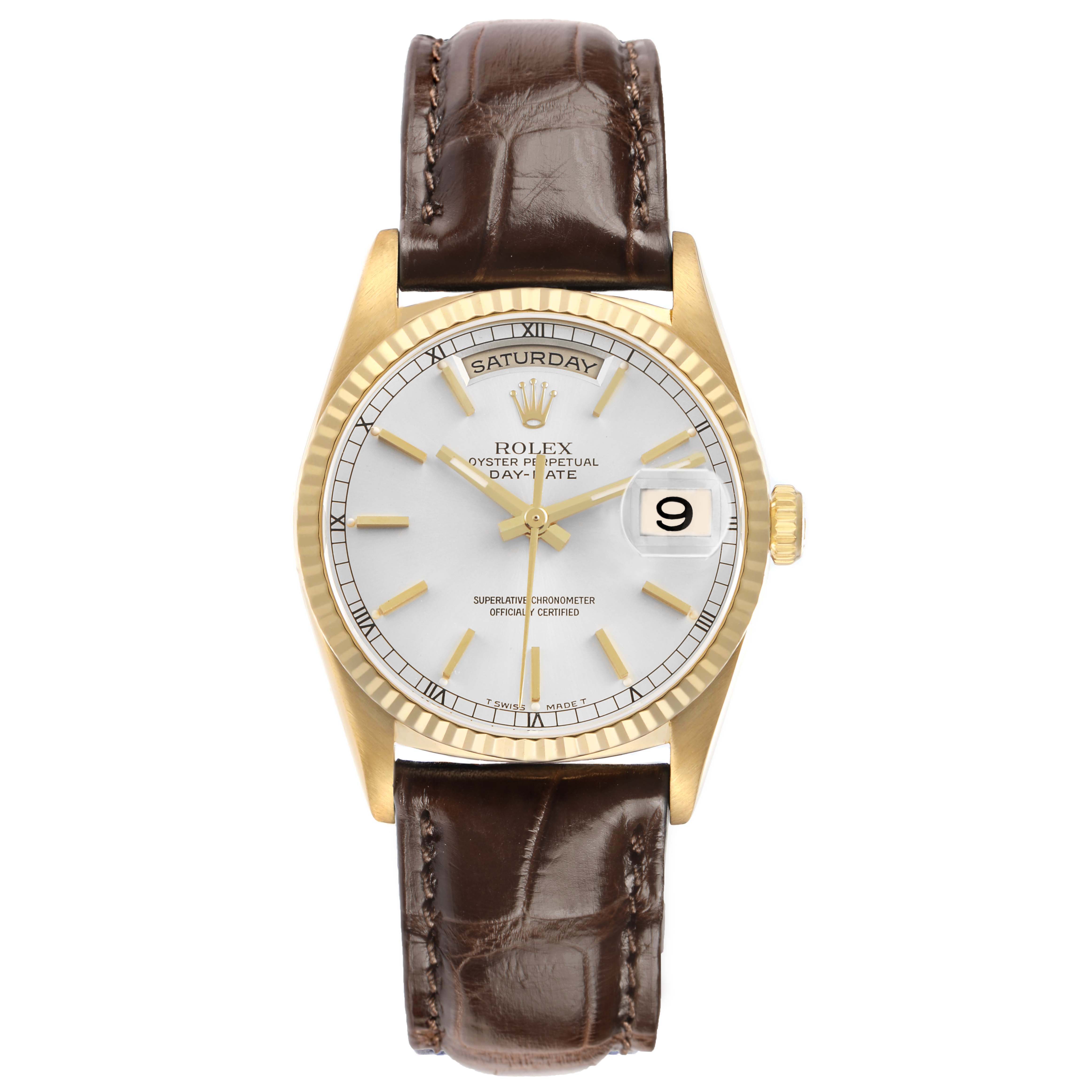 The Rolex President 18238 Men's Yellow Gold Silver Dial watch is shown from the front, displaying the dial, bezel, crown, and leather strap.