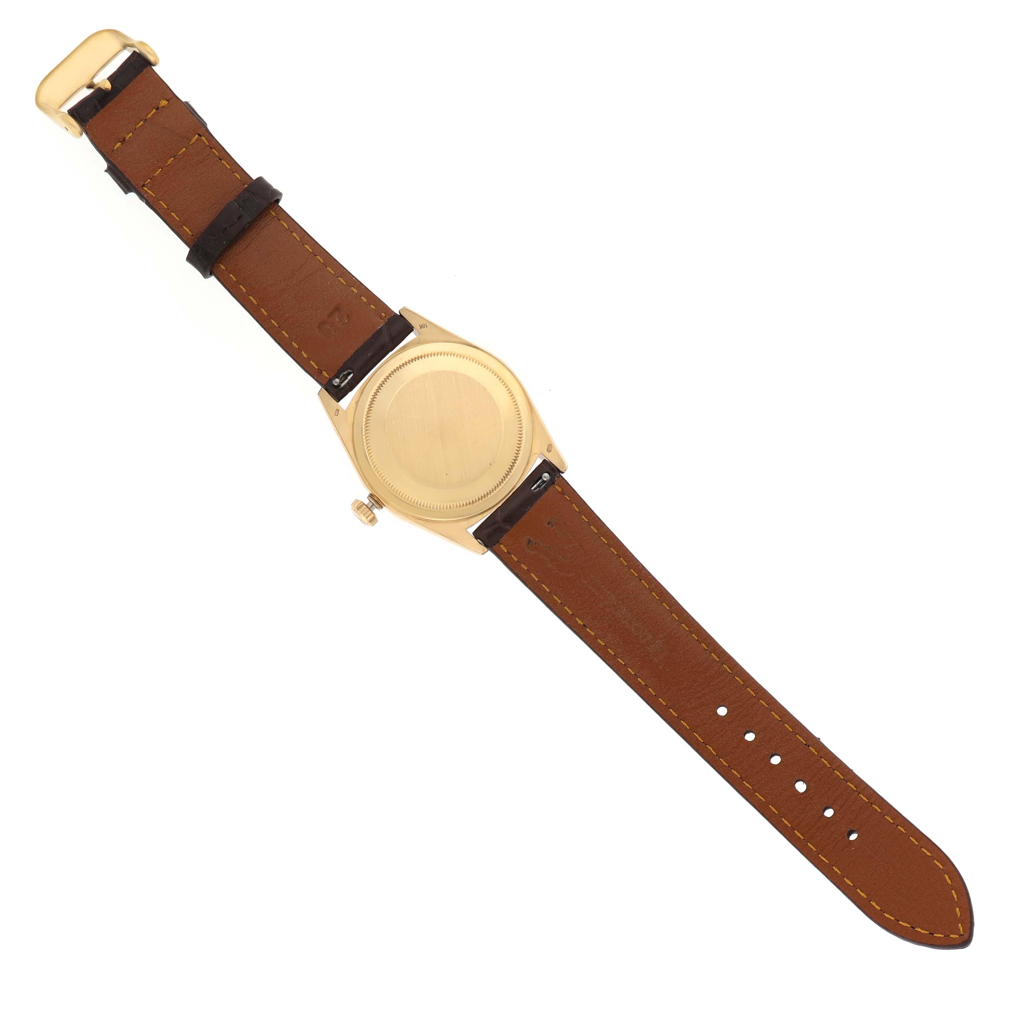 The Rolex President 18238 Men's Yellow Gold Silver Dial model is shown from the back, featuring a brown leather strap and gold case.