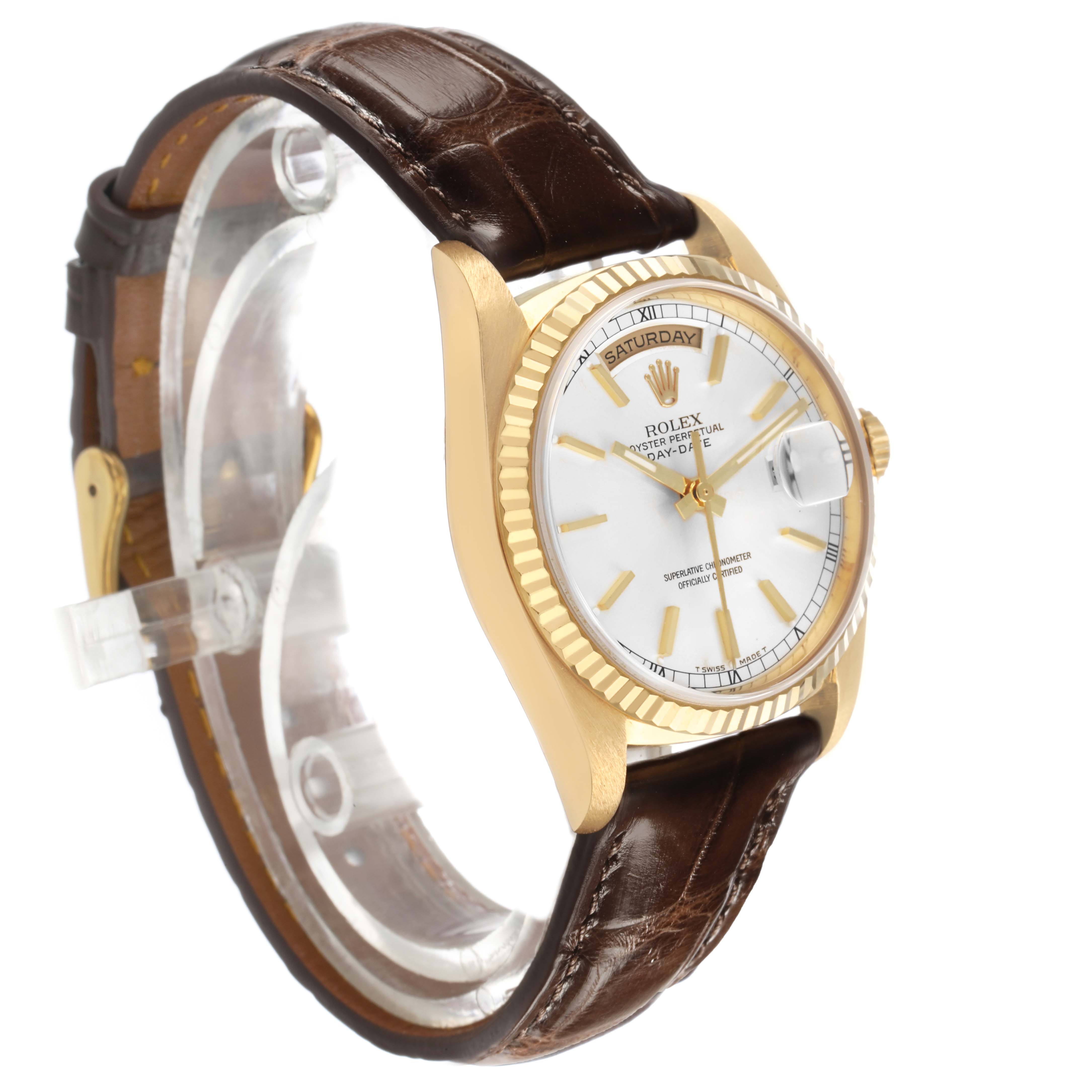 The Rolex President 18238 Men's Yellow Gold Silver Dial model watch is shown at a slight angle, displaying its gold case, white dial, fluted bezel, and leather strap.
