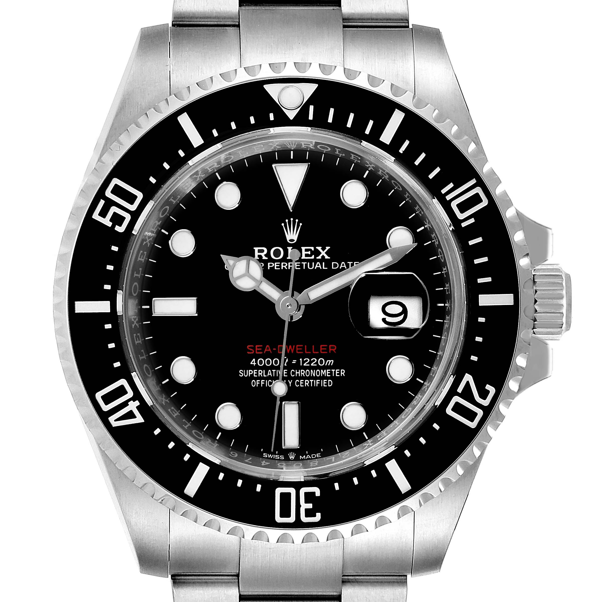 This image shows a front view of the Rolex Sea-Dweller 126600 Men
s Stainless Steel Black Dial 126600 Men
s Stainless Steel Black Dial watch, highlighting its dial, bezel, crown, and bracelet.