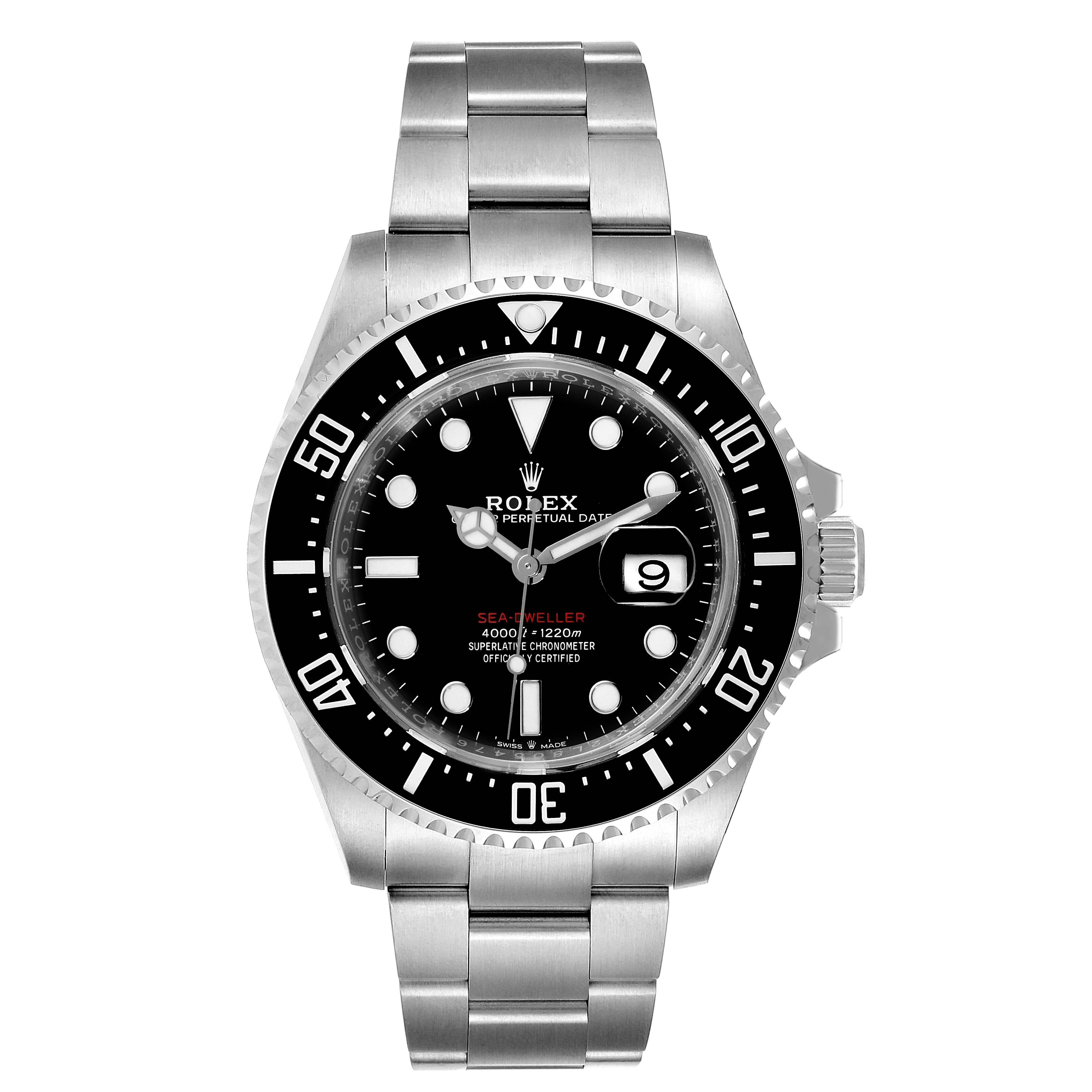 The image shows a front view of a Rolex Sea-Dweller 126600 Men
s Stainless Steel Black Dial 126600 Men
s Stainless Steel Black Dial watch, showing the dial, bezel, and bracelet.