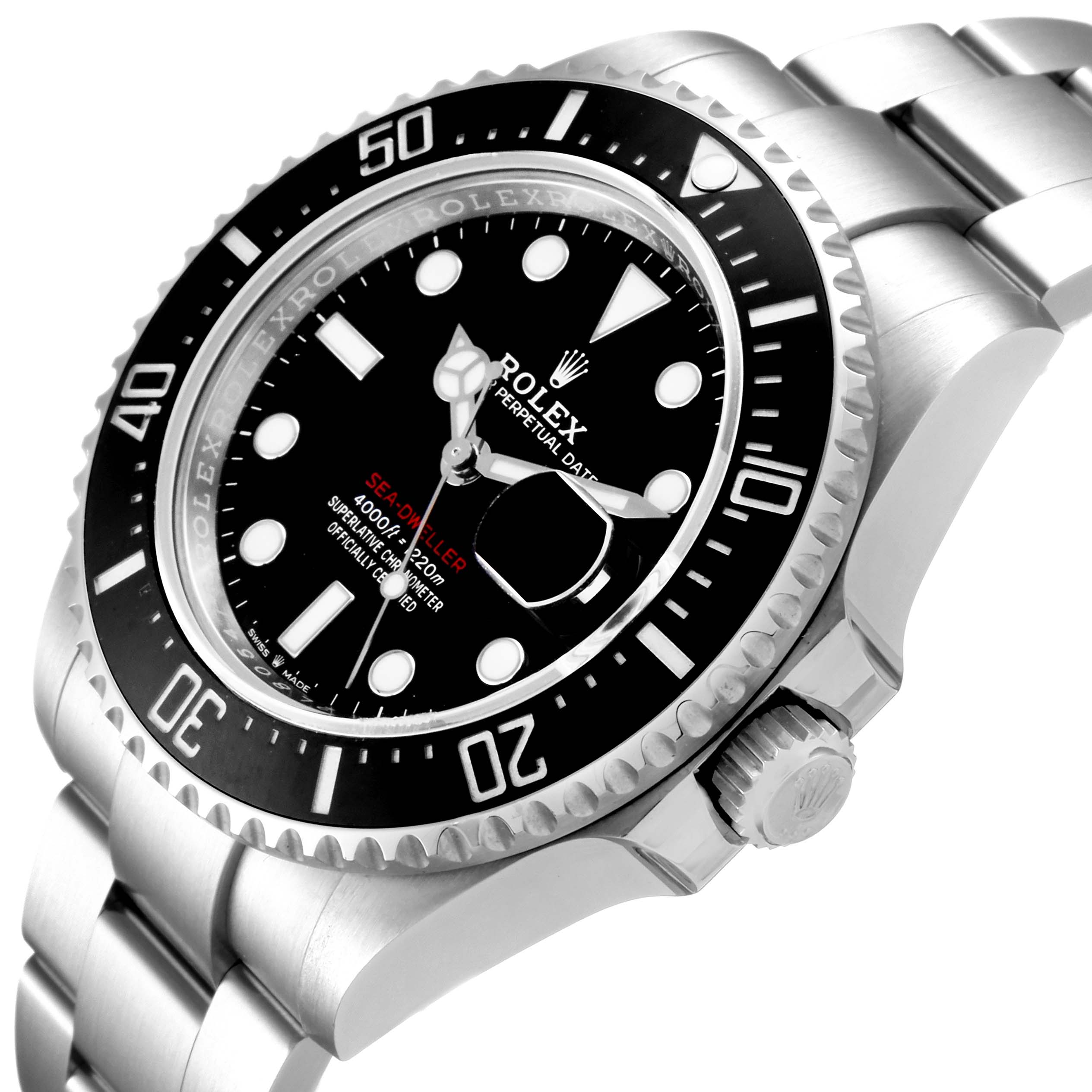 The image shows the Rolex Sea-Dweller 126600 Men
s Stainless Steel Black Dial 126600 Men
s Stainless Steel Black Dial watch at a slight angle, highlighting the dial, bezel, crown, and part of the bracelet.