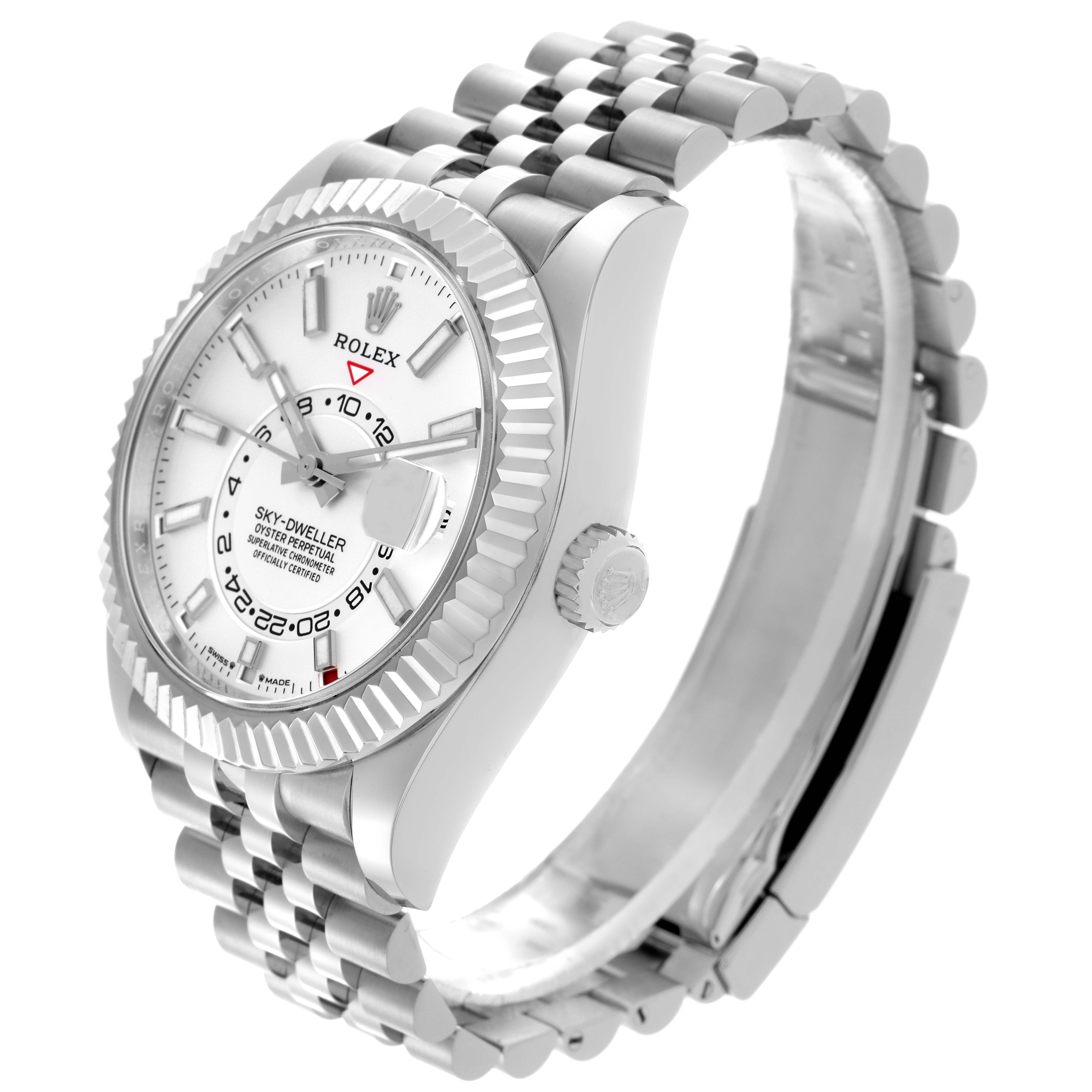 The Rolex Sky-Dweller 336934 Men's Stainless Steel White Dial 336934 Men's Stainless Steel White Dial watch is shown at a three-quarter angle, revealing the face, bezel, crown, and part of the bracelet.
