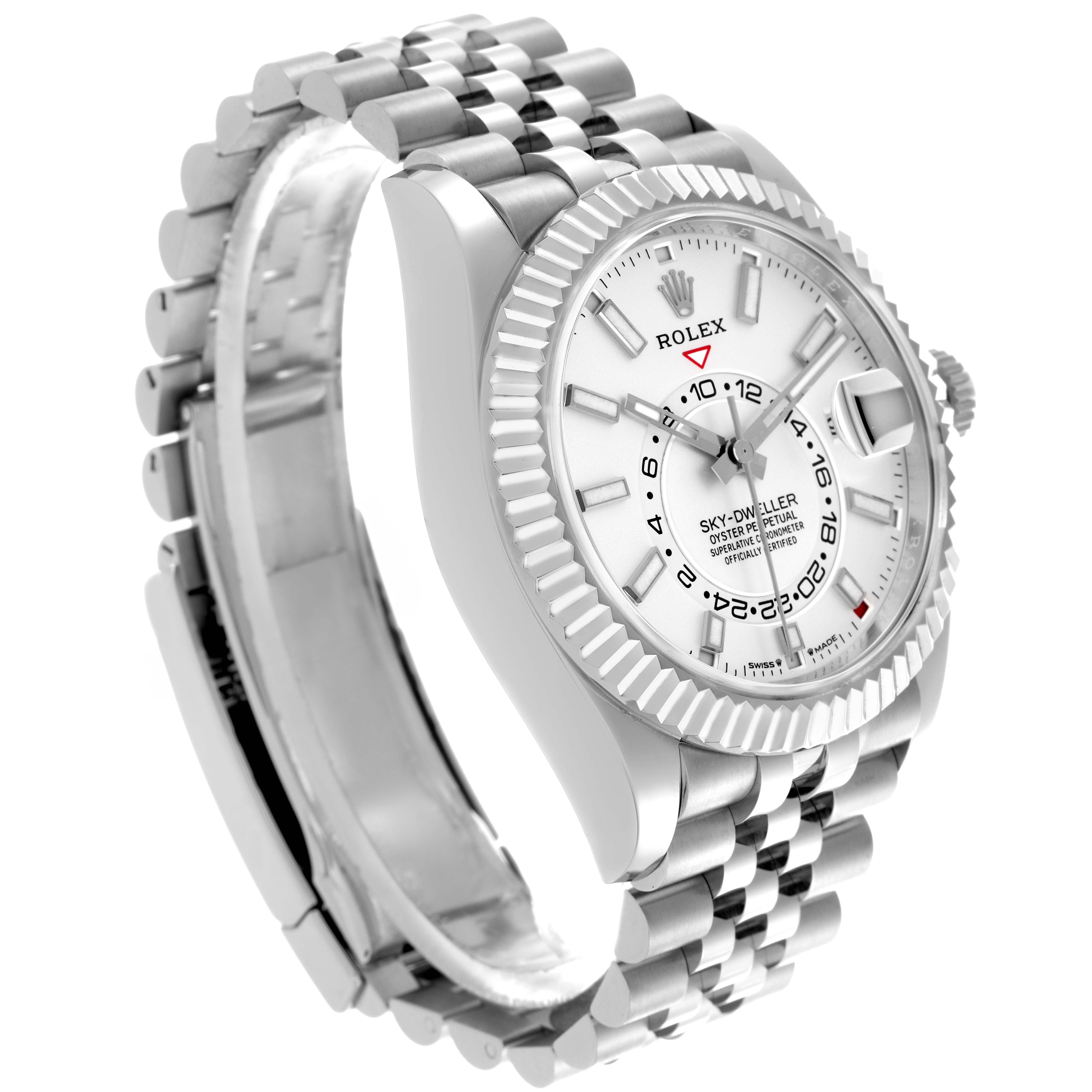 The Rolex Sky-Dweller 336934 Men's Stainless Steel White Dial 336934 Men's Stainless Steel White Dial is shown at a three-quarter angle, highlighting its face, bezel, crown, and bracelet.