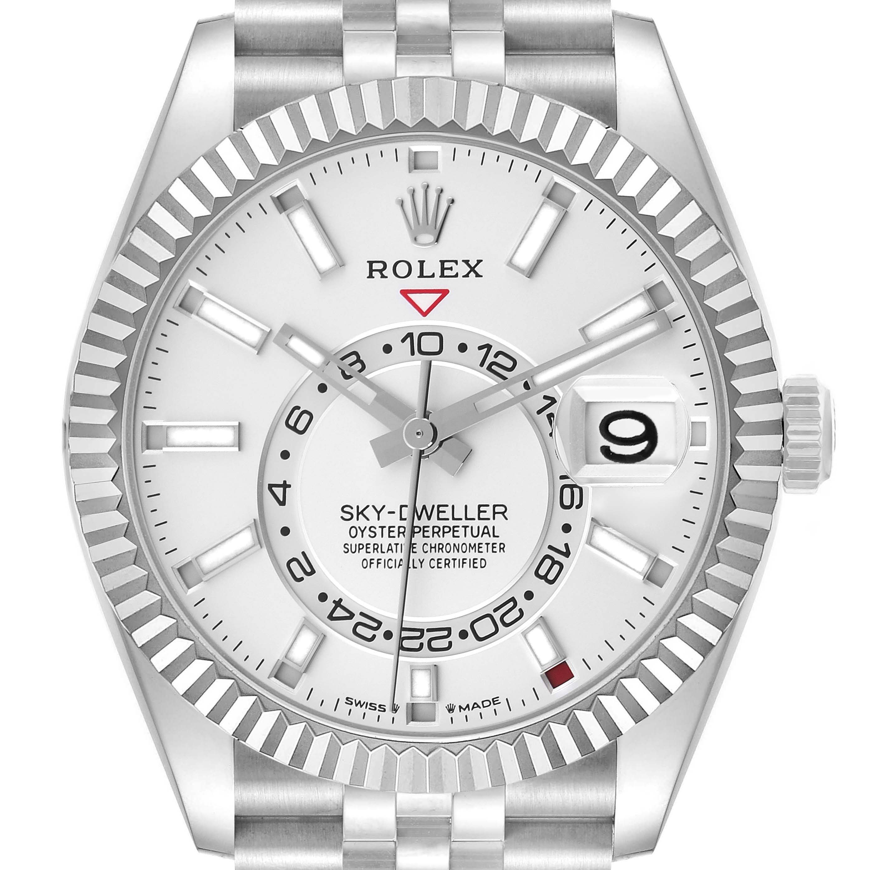 The Rolex Sky-Dweller 336934 Men's Stainless Steel White Dial 336934 Men's Stainless Steel White Dial watch is shown from a front angle, highlighting the dial, bezel, hands, and bracelet.