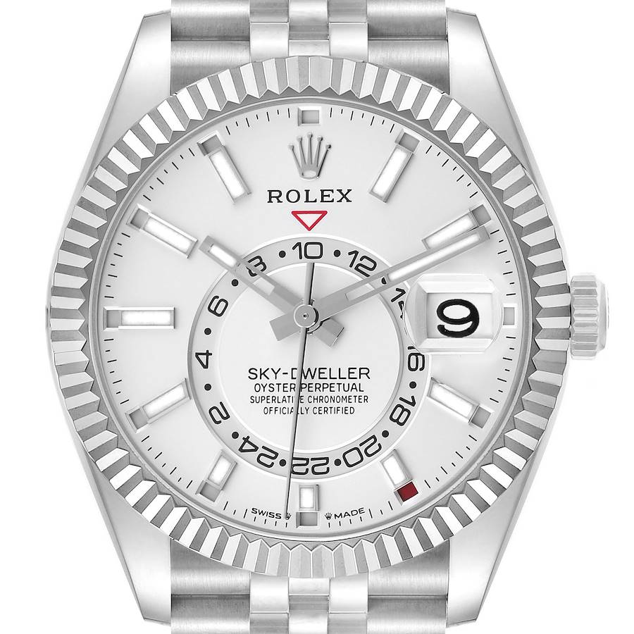 The Rolex Sky-Dweller watch is shown from a front angle, highlighting the dial, bezel, hands, and bracelet.