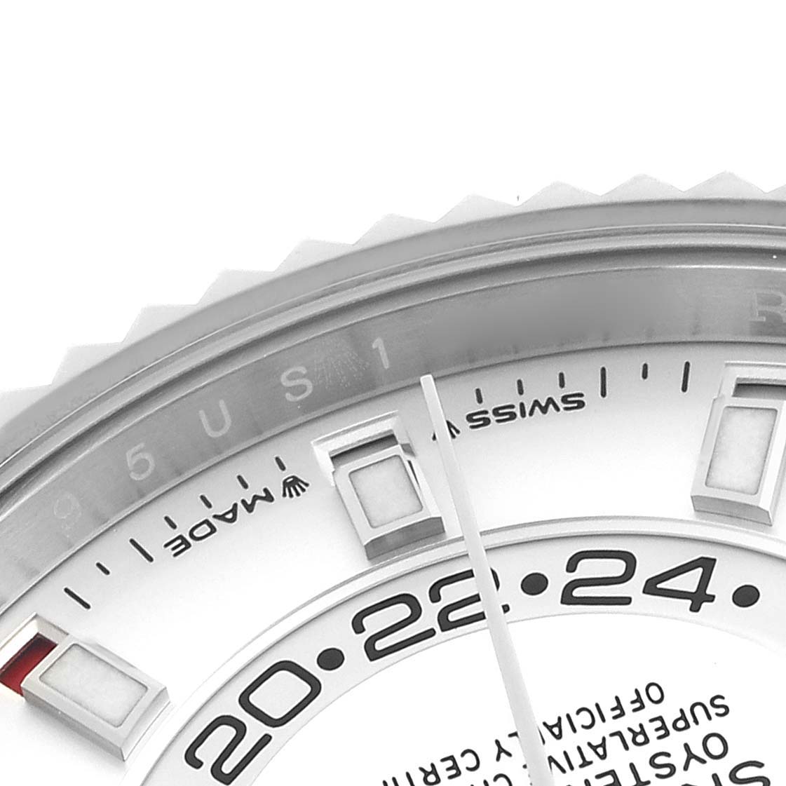 The image shows a close-up of the dial on a Rolex Sky-Dweller 336934 Men's Stainless Steel White Dial 336934 Men's Stainless Steel White Dial, highlighting the hour marker and inner bezel.