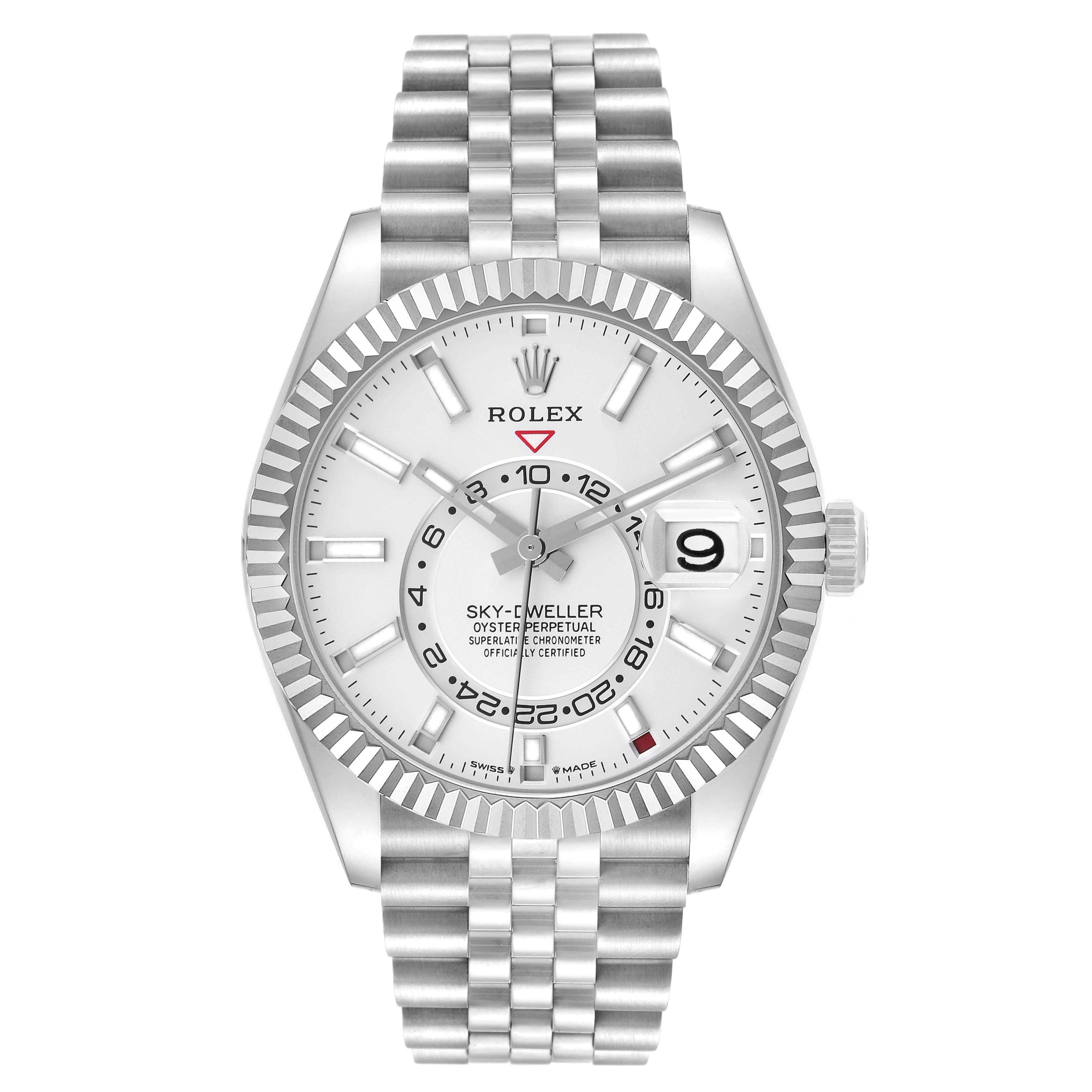 The Rolex Sky-Dweller 336934 Men's Stainless Steel White Dial 336934 Men's Stainless Steel White Dial watch is shown from a front angle, highlighting its dial, bezel, and bracelet.
