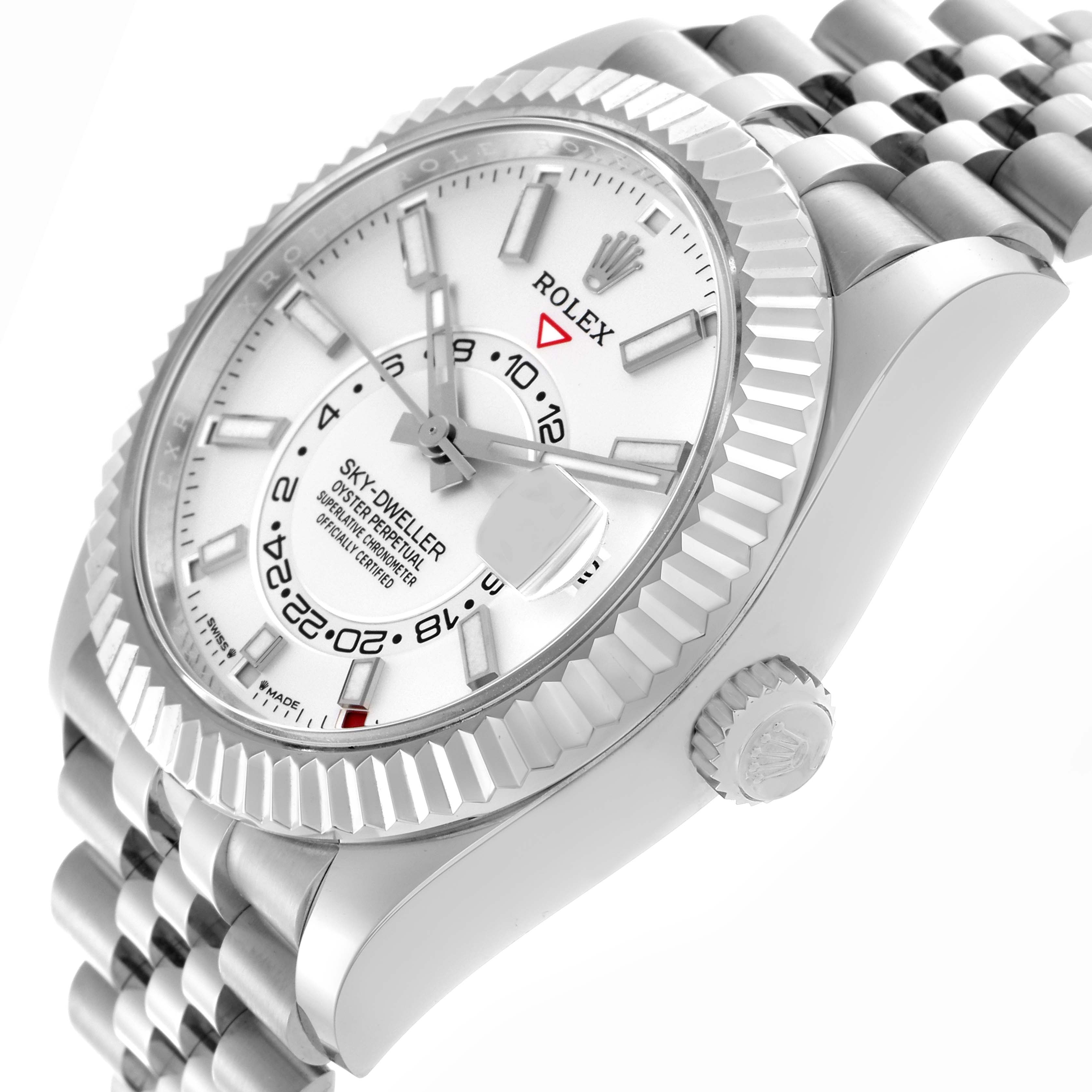 The Rolex Sky-Dweller 336934 Men's Stainless Steel White Dial 336934 Men's Stainless Steel White Dial is shown at an angle highlighting the dial, bezel, crown, and part of the bracelet.