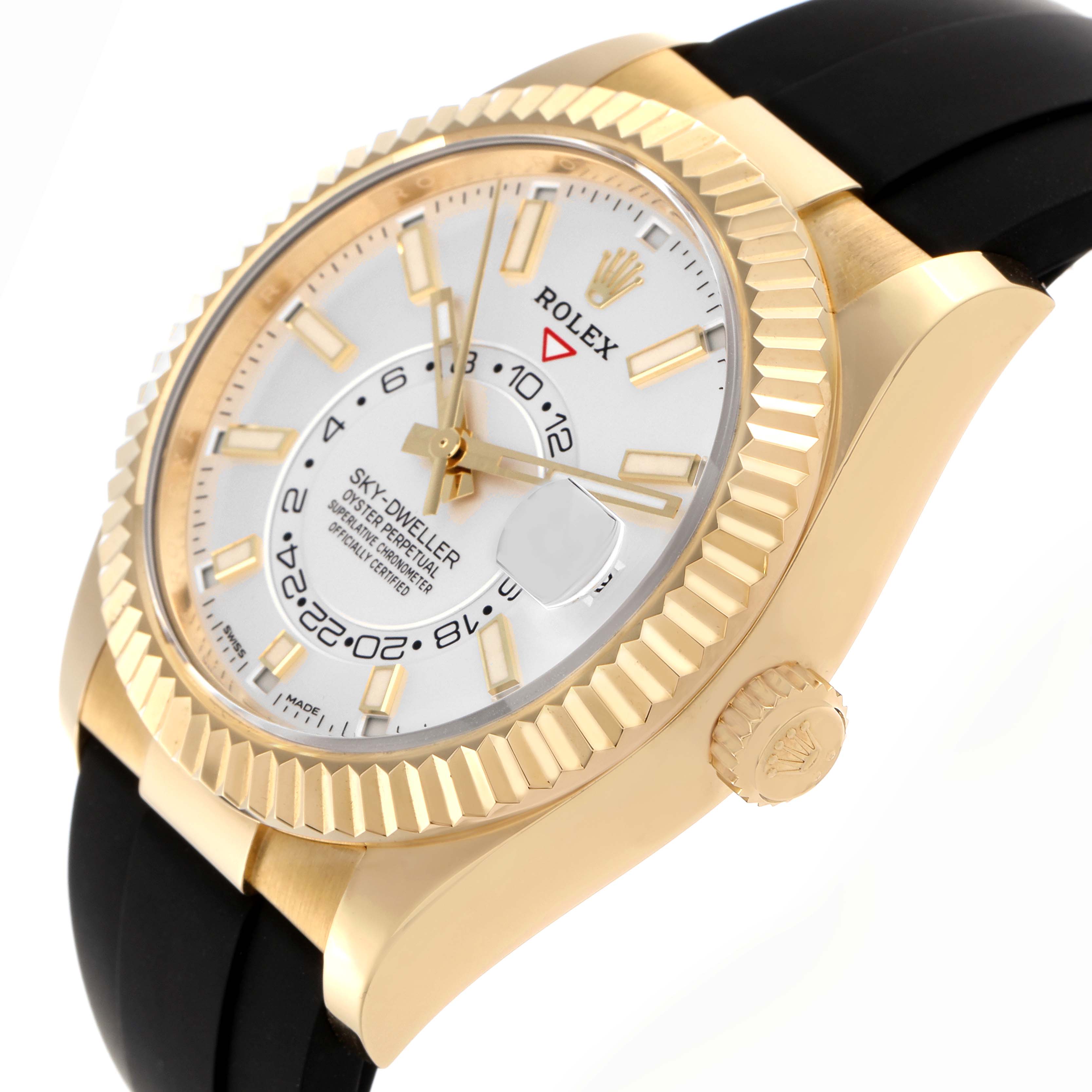 The Rolex Sky-Dweller 326238 Men's Yellow Gold White Dial 326238 Men's Yellow Gold White Dial watch is shown at a side angle, highlighting the case, bezel, dial, crown, and strap.
