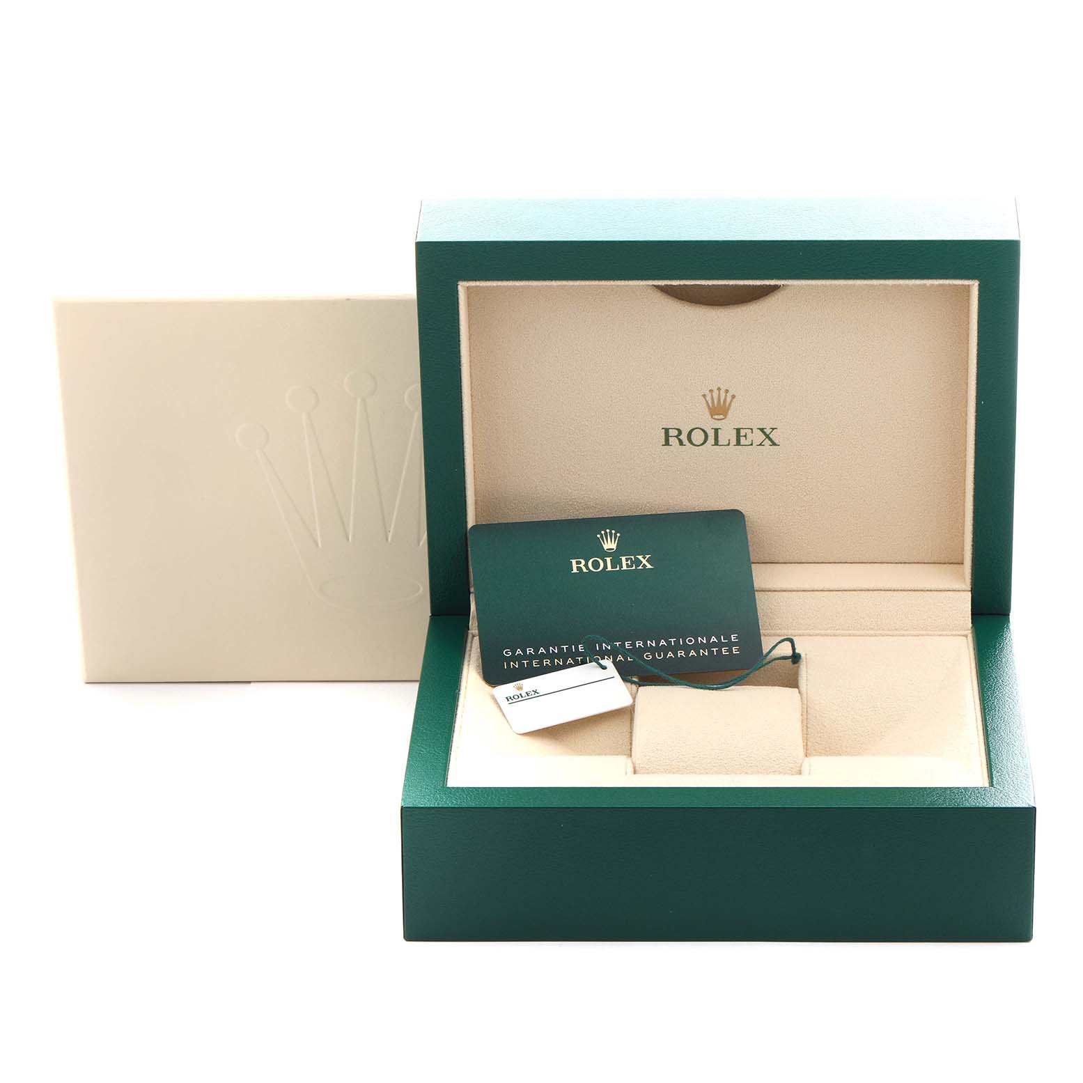 The image shows a Rolex Sky-Dweller 326238 Men's Yellow Gold White Dial 326238 Men's Yellow Gold White Dial watch box with a warranty card and accessories at a frontal angle.