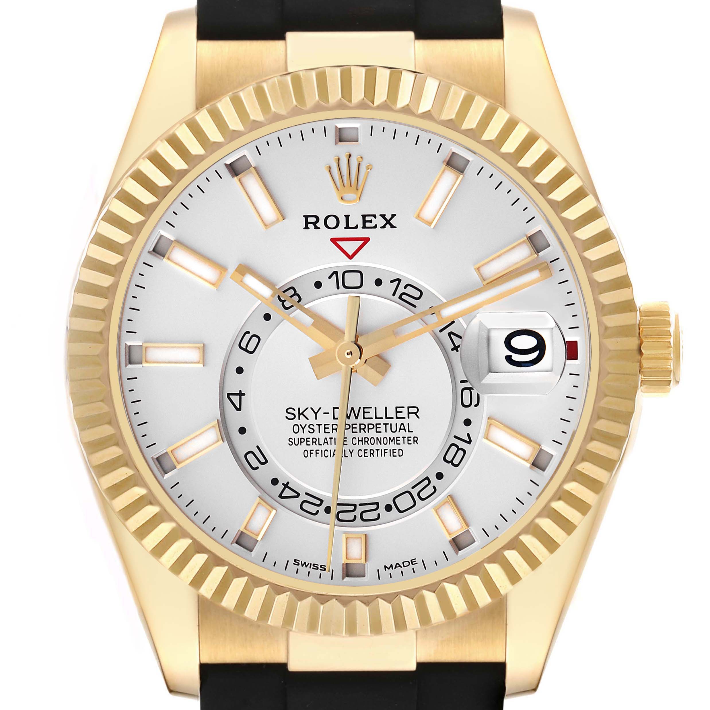 The Rolex Sky-Dweller 326238 Men's Yellow Gold White Dial 326238 Men's Yellow Gold White Dial watch is shown from the front, featuring the dial, bezel, and part of the strap.