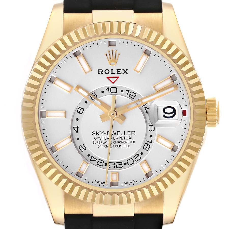 The Rolex Sky-Dweller watch is shown from the front, featuring the dial, bezel, and part of the strap.