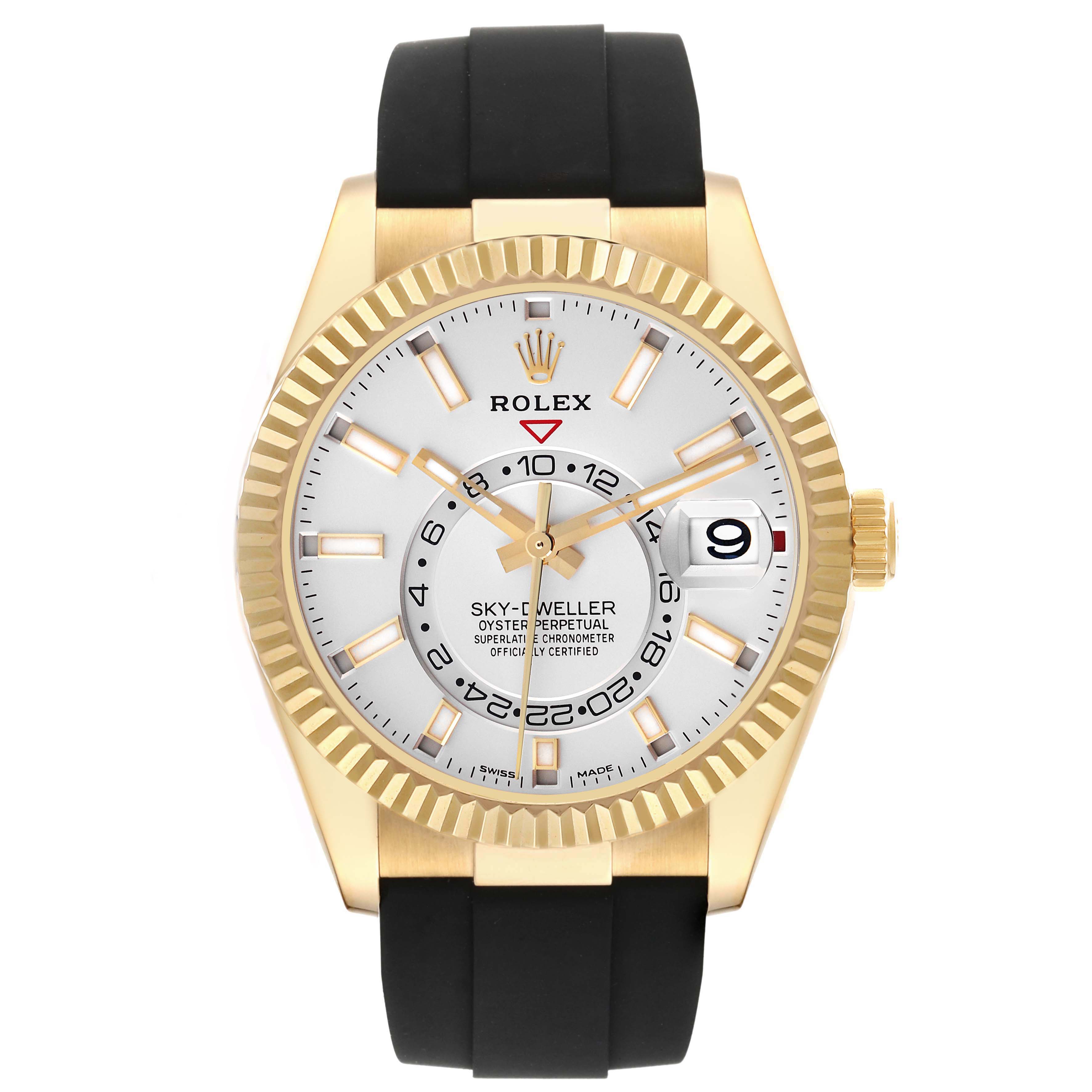 The Rolex Sky-Dweller 326238 Men's Yellow Gold White Dial 326238 Men's Yellow Gold White Dial watch is shown from a front angle, featuring the dial, bezel, crown, and part of the strap.
