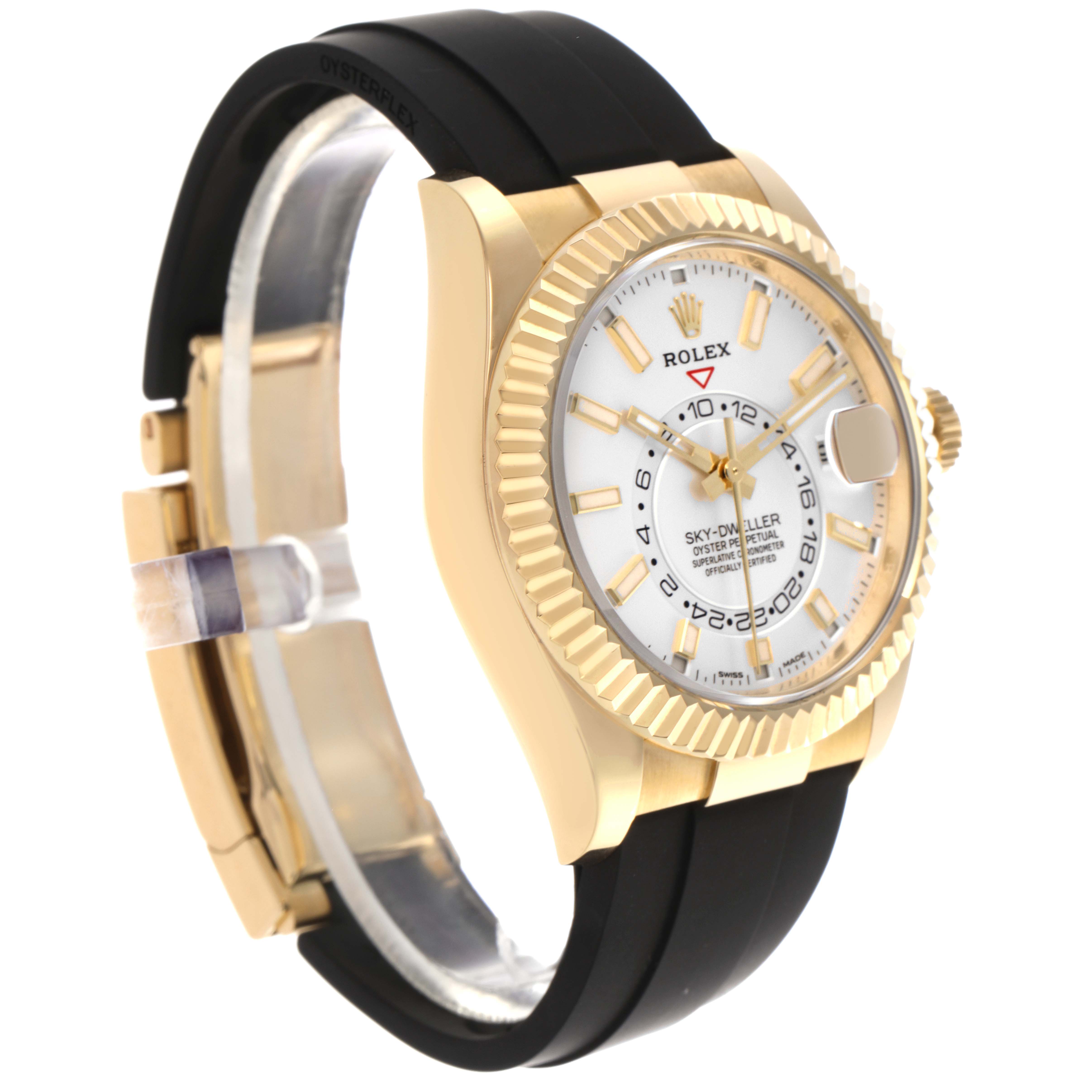 The Rolex Sky-Dweller 326238 Men's Yellow Gold White Dial 326238 Men's Yellow Gold White Dial is shown at a three-quarter angle, highlighting the face, bezel, crown, and rubber strap.