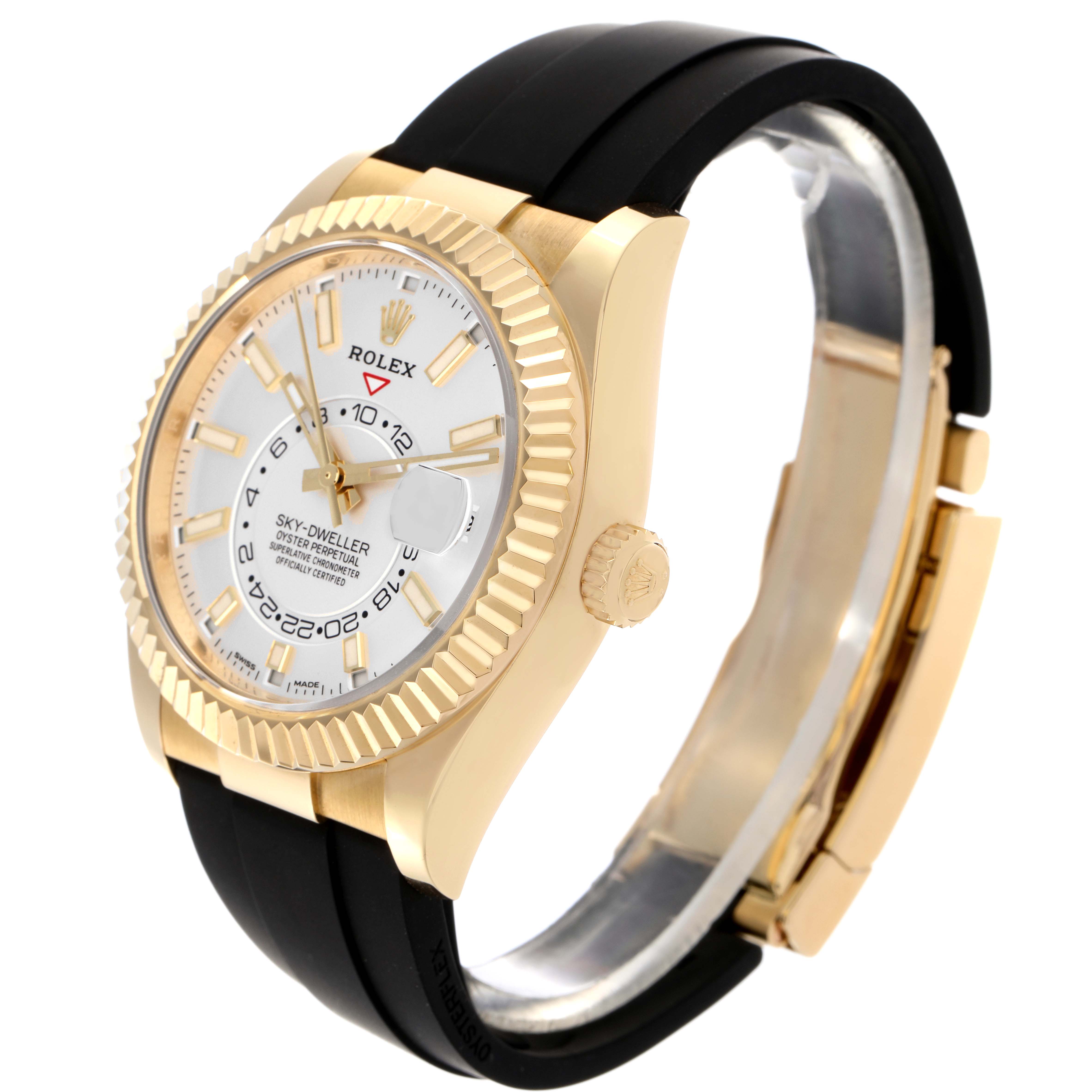 The Rolex Sky-Dweller 326238 Men's Yellow Gold White Dial 326238 Men's Yellow Gold White Dial is shown at a three-quarter angle, displaying the dial, bezel, crown, and part of the strap.
