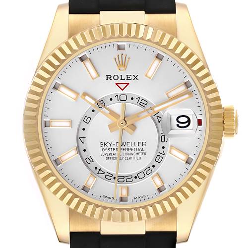 The Rolex Sky-Dweller is shown from a front angle, displaying its dial, hands, bezel, and crown.
