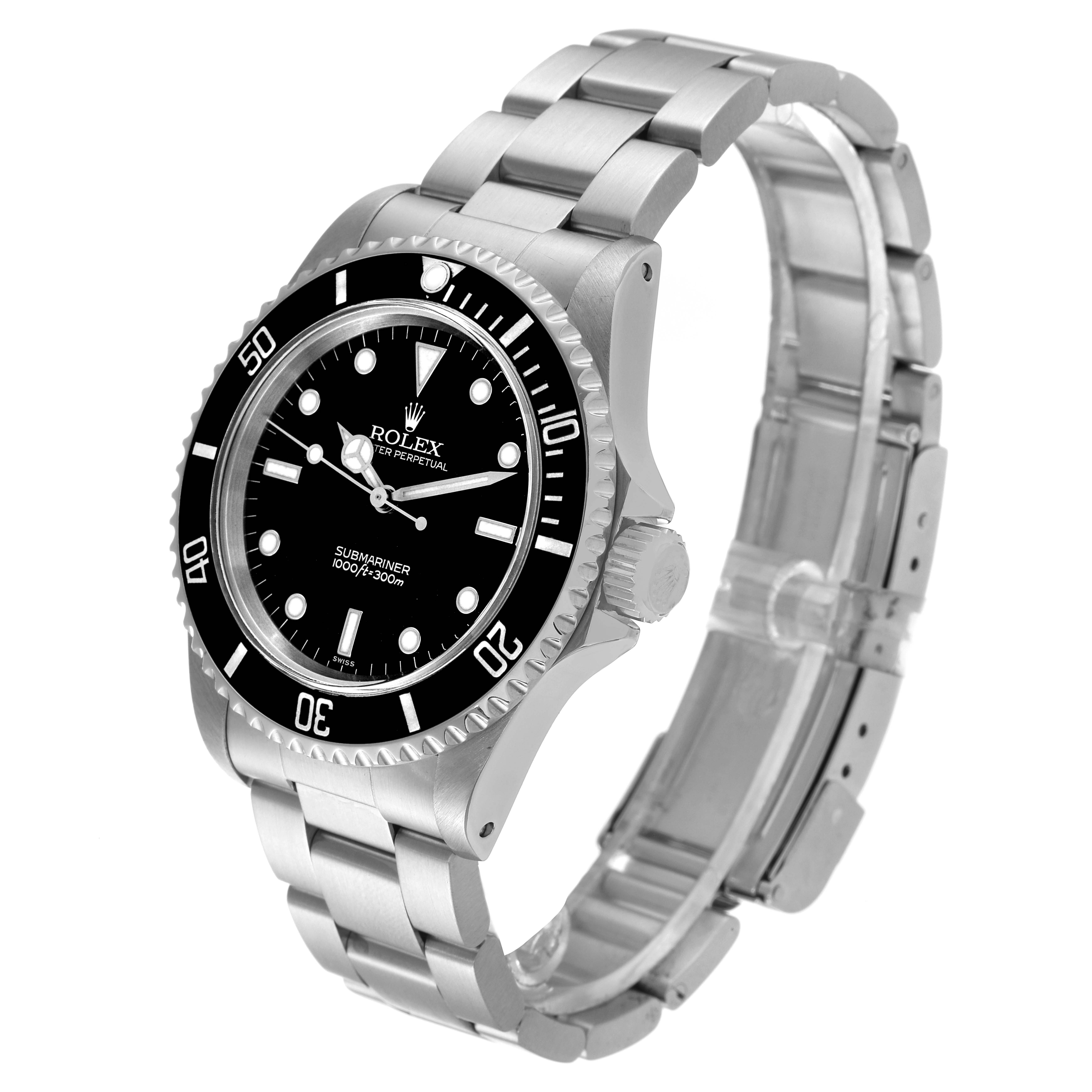 This Rolex Submariner 14060 Men
s Stainless Steel Black Dial 14060 Men
s Stainless Steel Black Dial watch is shown at a three-quarter angle, highlighting the black bezel, dial, and metal bracelet.