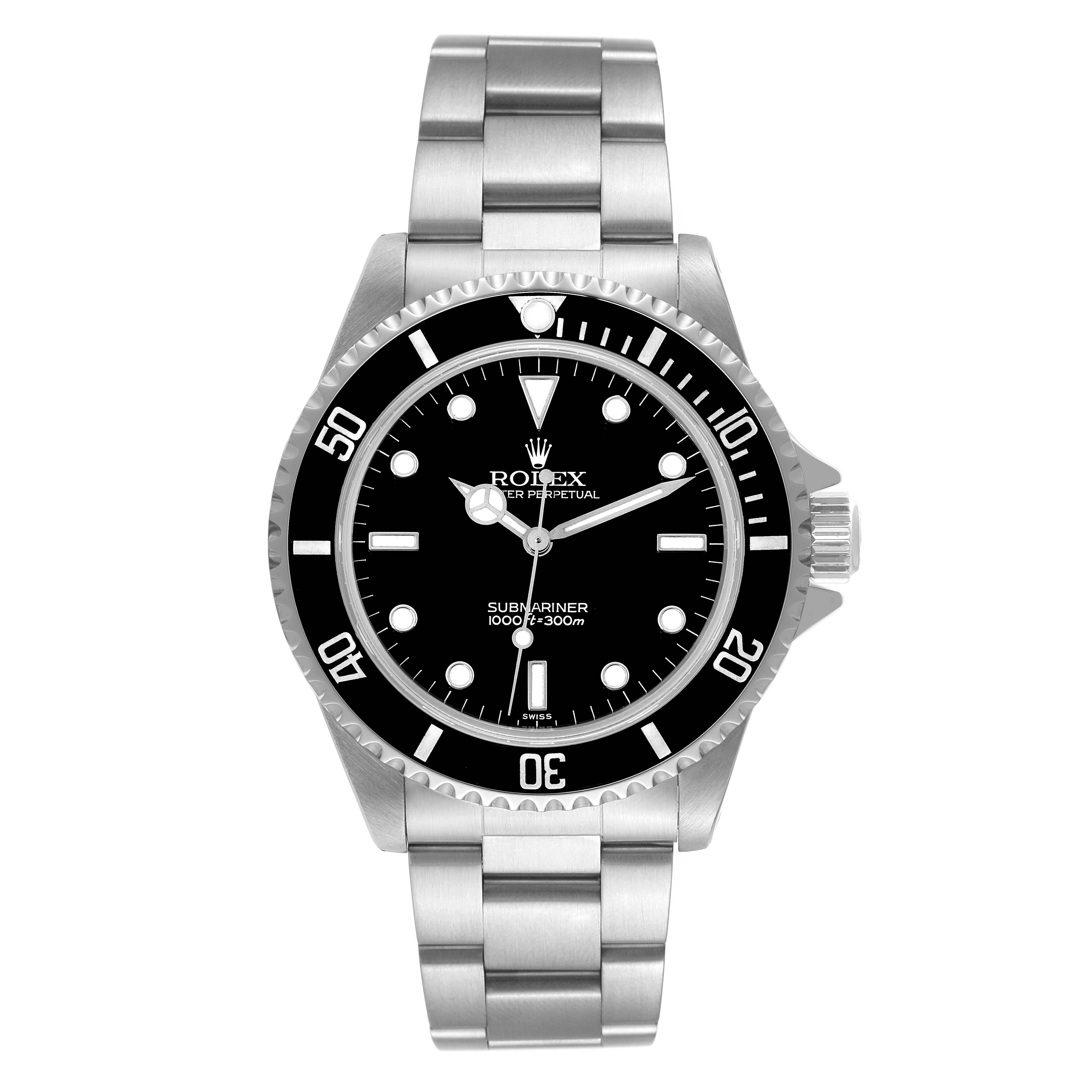 The image shows the front view of a Rolex Submariner 14060 Men
s Stainless Steel Black Dial 14060 Men
s Stainless Steel Black Dial watch, displaying its face, bezel, and bracelet.