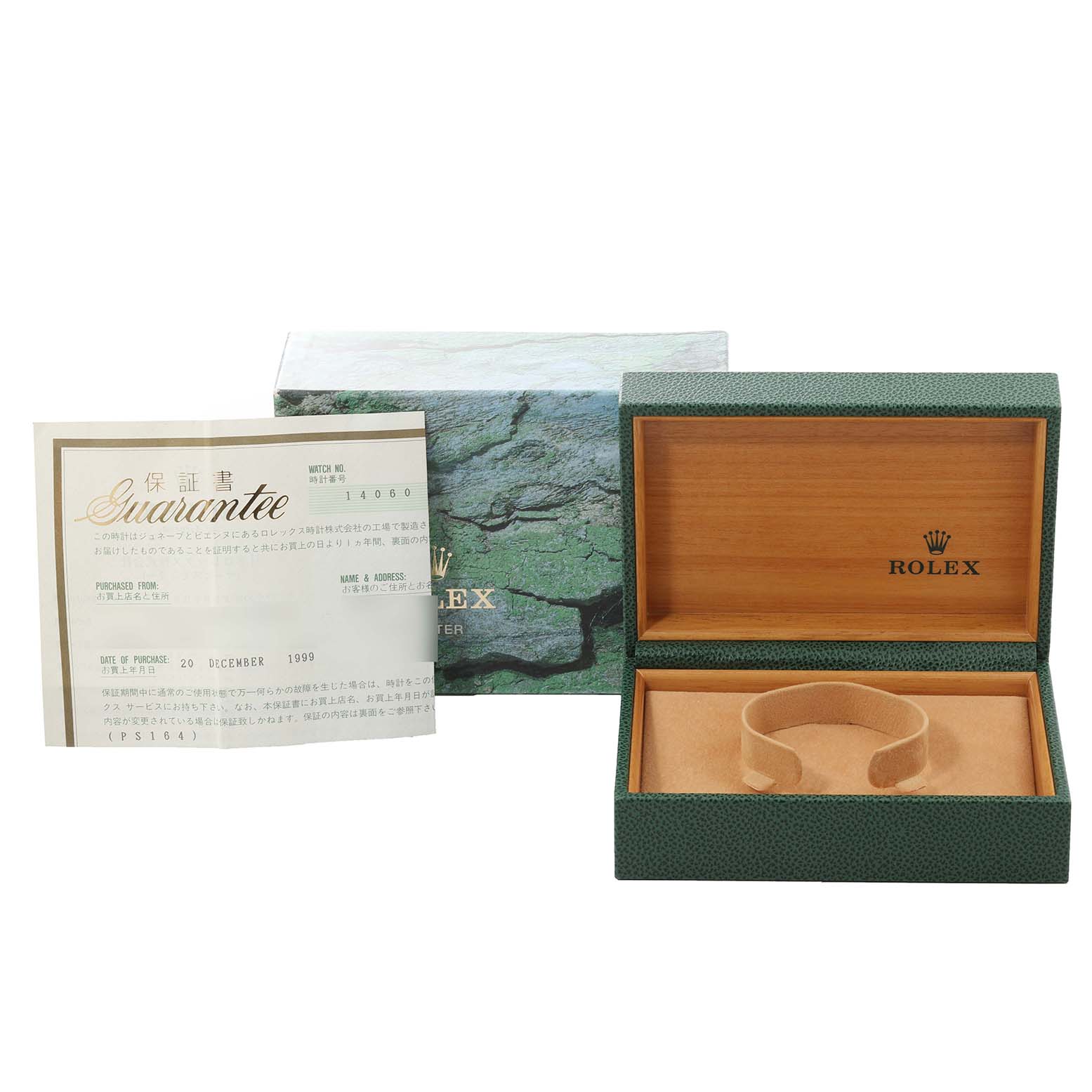 The image shows the packaging, warranty card, and presentation box for a Rolex Submariner 14060 Men
s Stainless Steel Black Dial 14060 Men
s Stainless Steel Black Dial watch.
