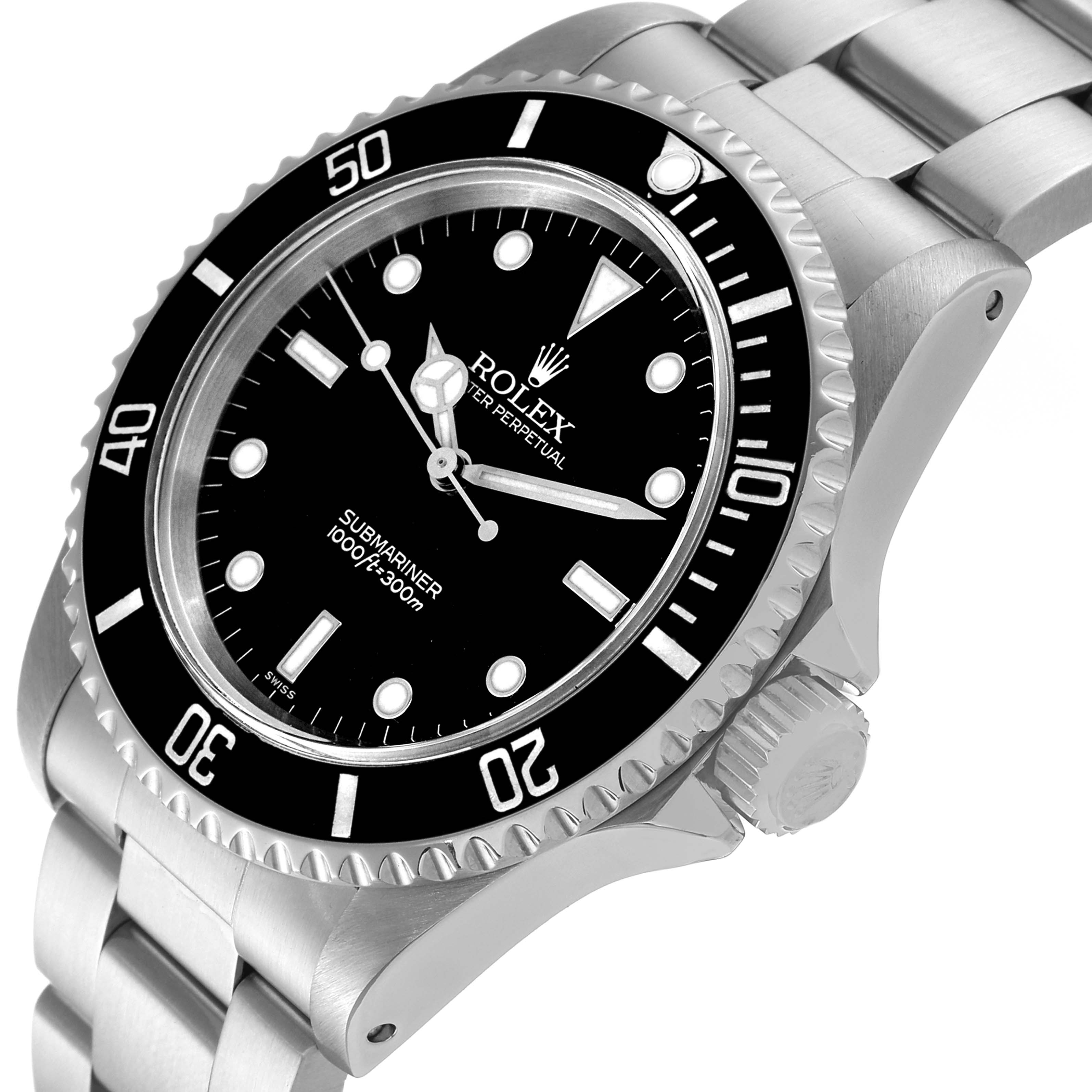 The Rolex Submariner 14060 Men
s Stainless Steel Black Dial 14060 Men
s Stainless Steel Black Dial watch is shown from a front-side angle, highlighting the black dial, bezel, crown, and metal bracelet.