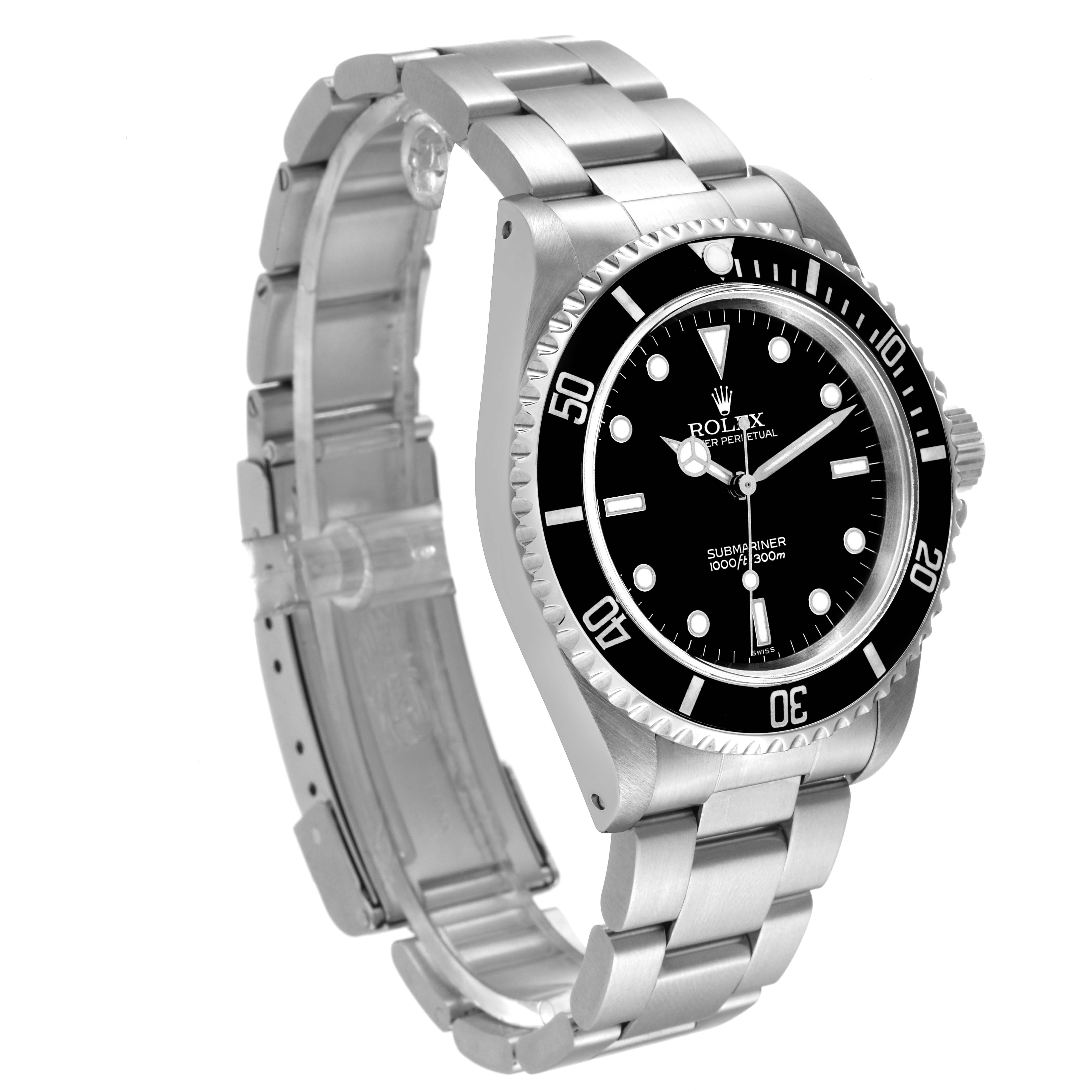 The image shows a side angle of the Rolex Submariner 14060 Men
s Stainless Steel Black Dial 14060 Men
s Stainless Steel Black Dial watch, highlighting its face, bezel, and metal bracelet.