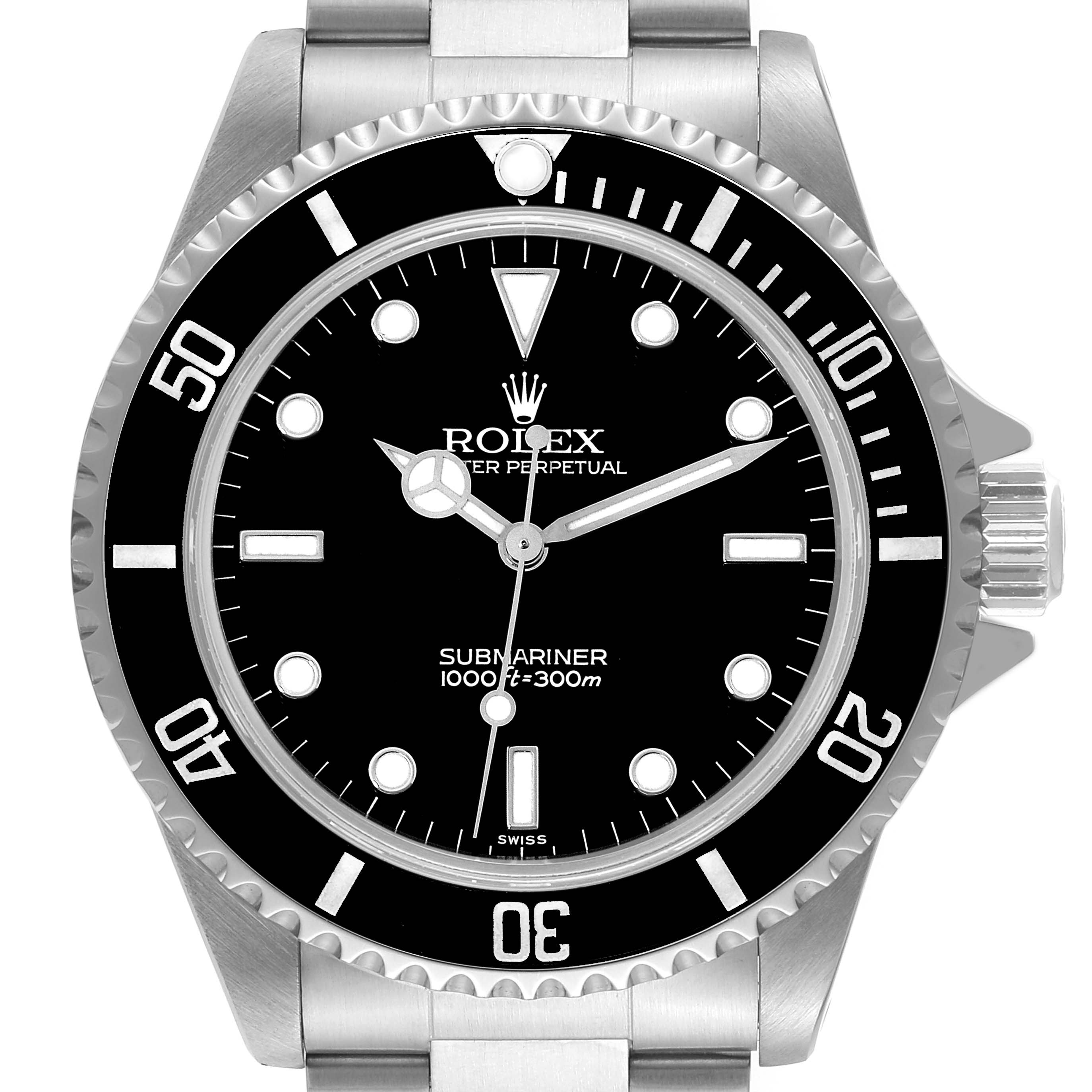 This image shows a front view of the Rolex Submariner 14060 Men
s Stainless Steel Black Dial 14060 Men
s Stainless Steel Black Dial watch, highlighting the dial, bezel, and part of the bracelet.