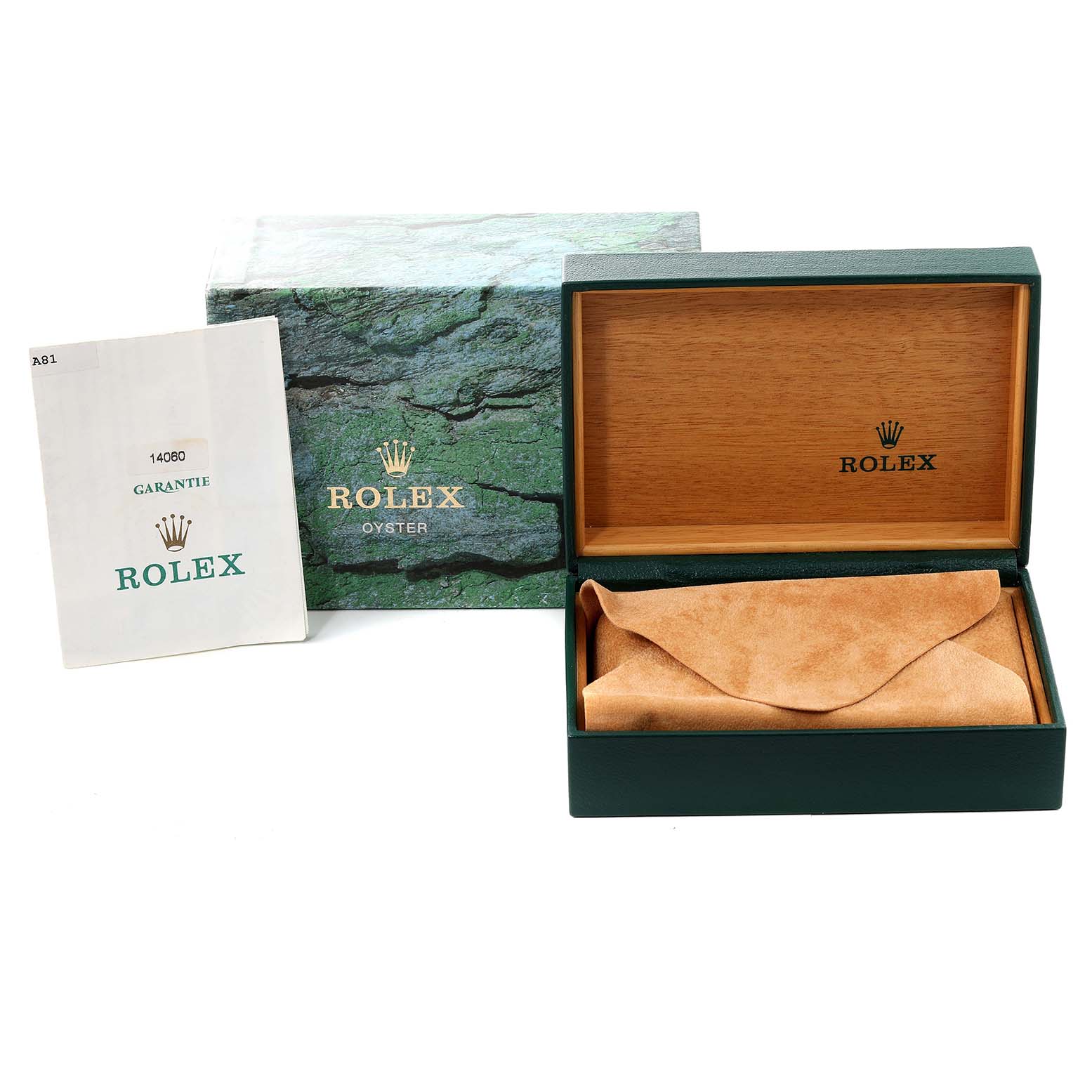 The image shows the packaging and accessories for a Rolex Submariner 14060 Men
s Stainless Steel Black Dial 14060 Men
s Stainless Steel Black Dial, including the warranty booklet, outer box, and inner wooden box.