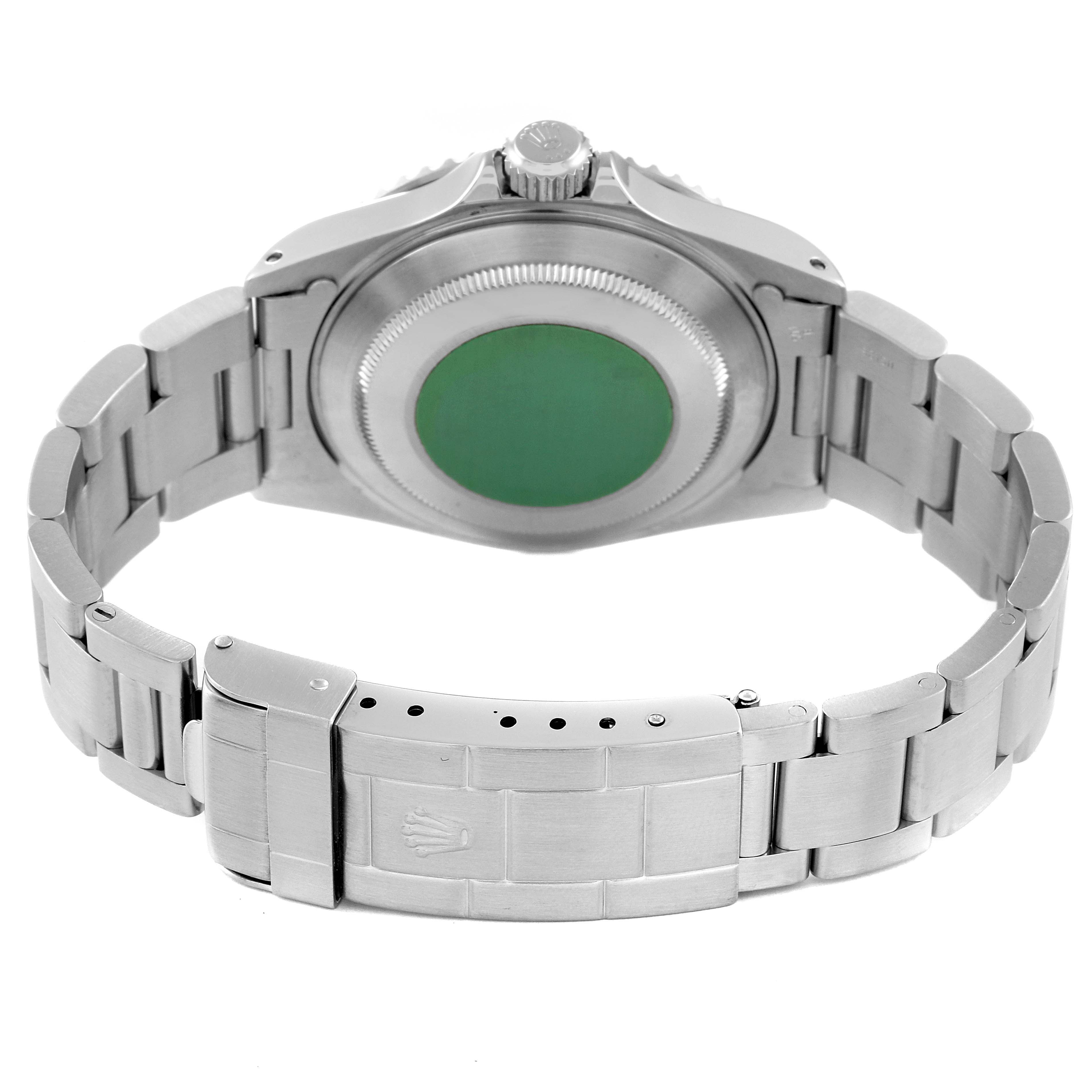 This image shows the back view of the Rolex Submariner 14060 Men
s Stainless Steel Black Dial 14060 Men
s Stainless Steel Black Dial watch, focusing on the case back and bracelet with clasp.