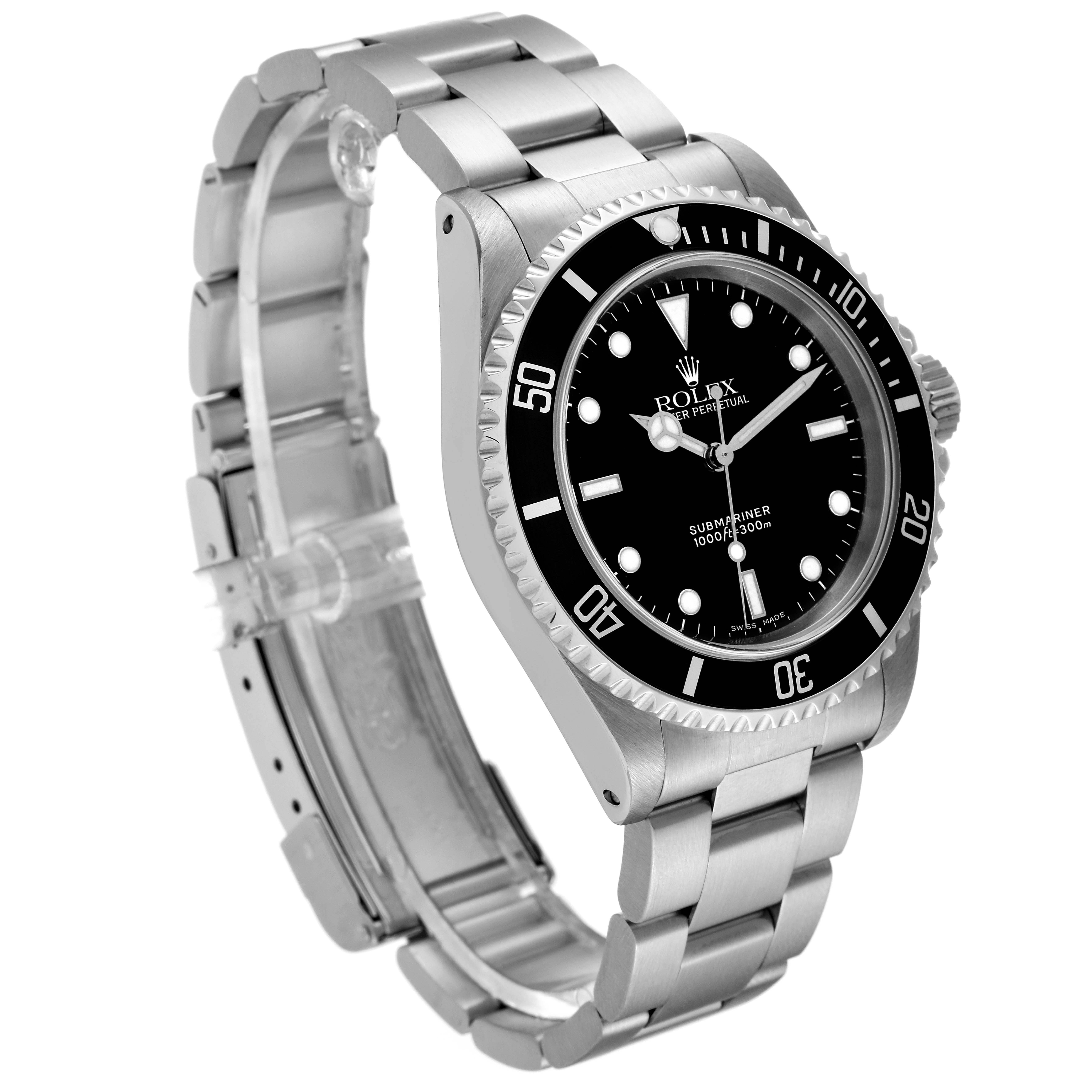 This image shows a side and partial frontal view of a Rolex Submariner 14060 Men
s Stainless Steel Black Dial 14060 Men
s Stainless Steel Black Dial watch, highlighting its bezel, dial, and bracelet.
