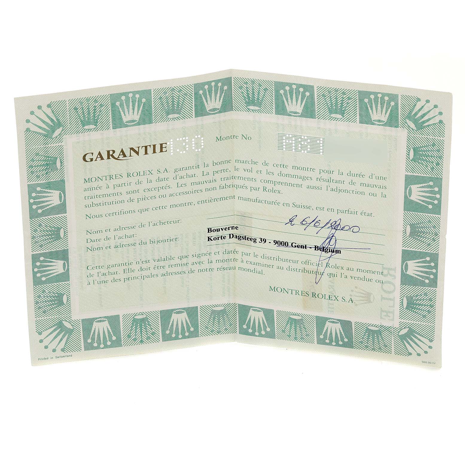 The image shows the warranty card for a Rolex Submariner 14060 Men
s Stainless Steel Black Dial 14060 Men
s Stainless Steel Black Dial watch.