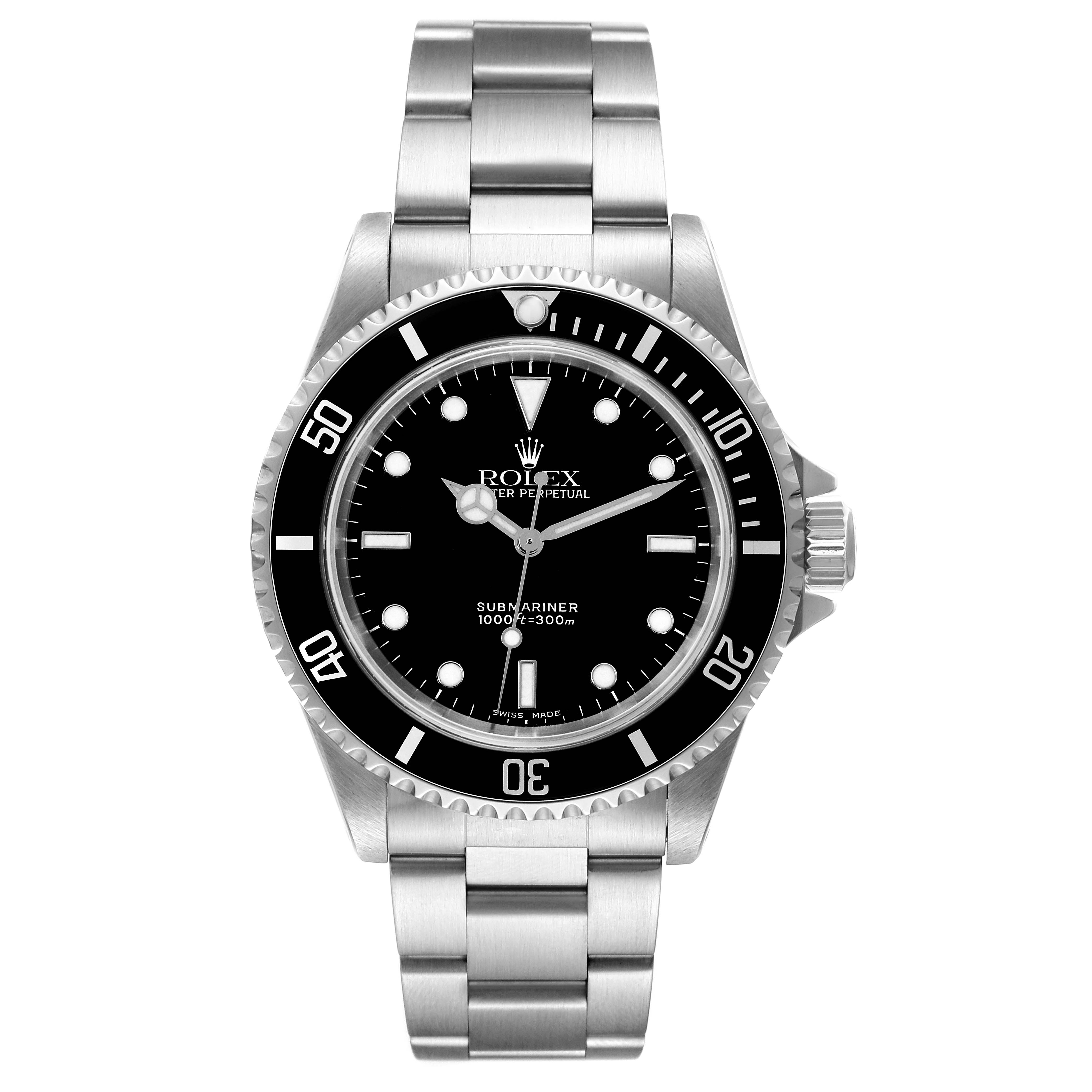 The image shows a Rolex Submariner 14060 Men
s Stainless Steel Black Dial 14060 Men
s Stainless Steel Black Dial watch from a front angle, highlighting the dial, bezel, and bracelet.