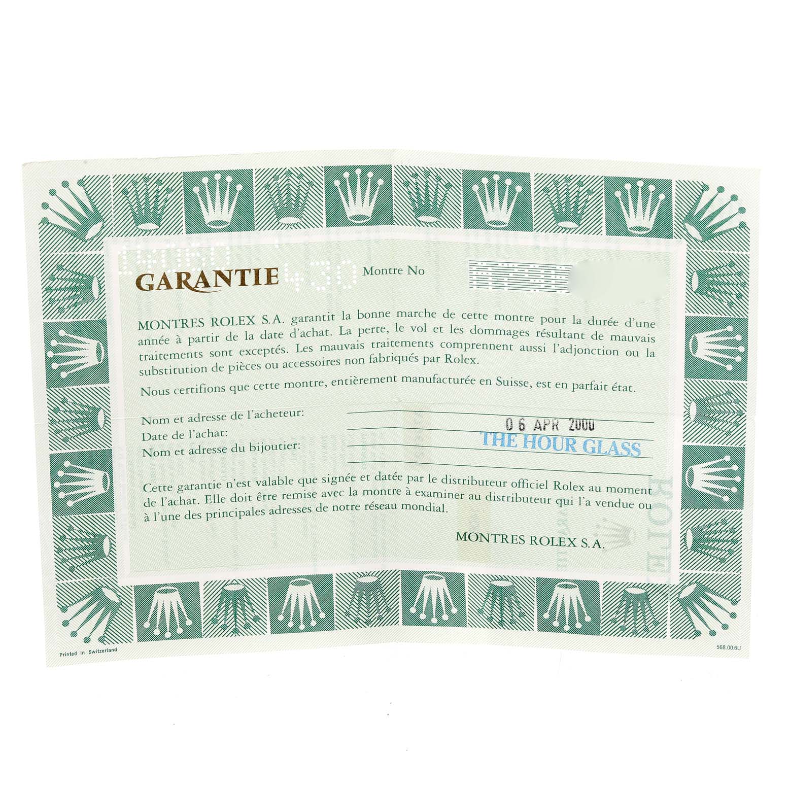 The image shows the warranty card for a Rolex Submariner 14060 Men
s Stainless Steel Black Dial 14060 Men
s Stainless Steel Black Dial watch.