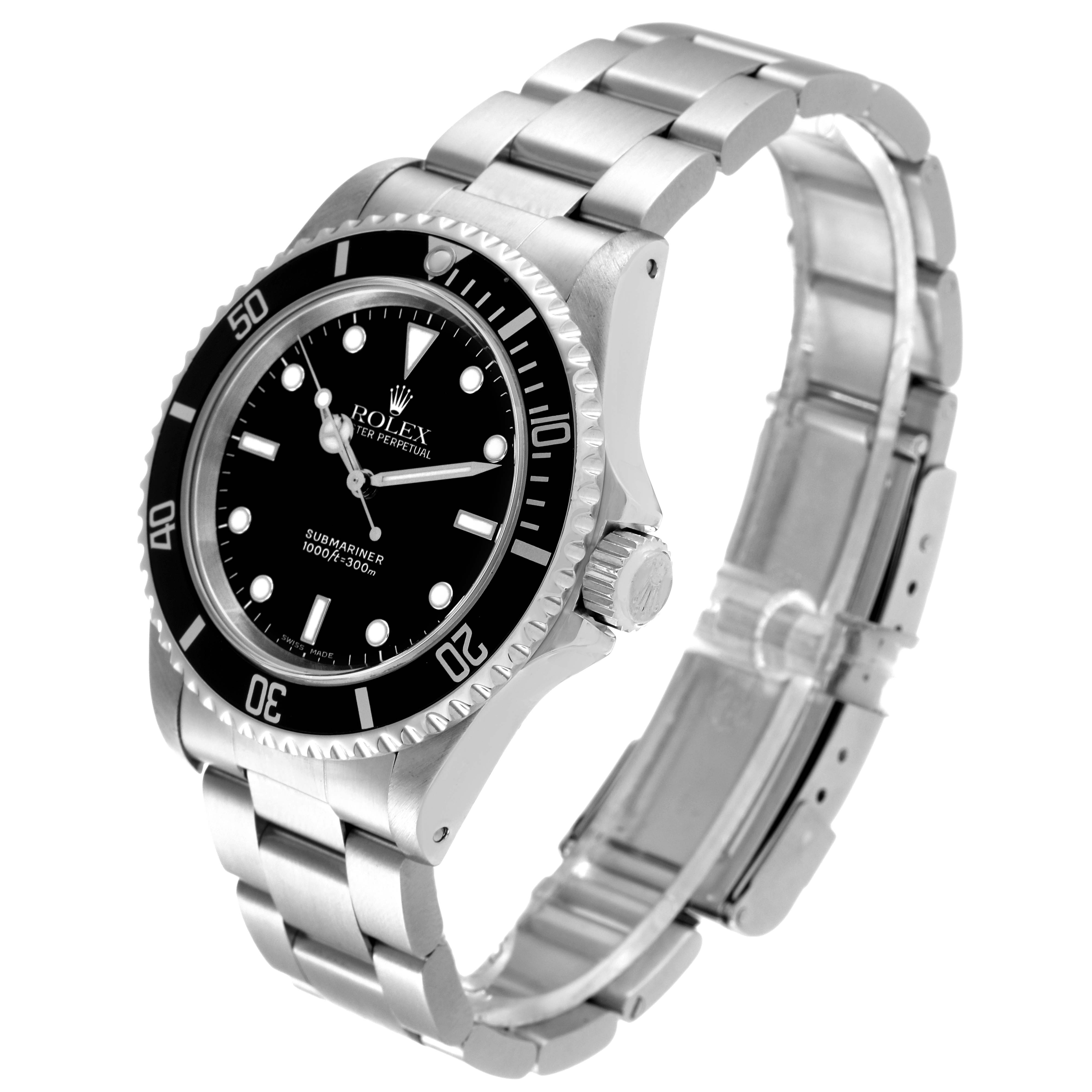 The image shows a Rolex Submariner 14060 Men
s Stainless Steel Black Dial 14060 Men
s Stainless Steel Black Dial watch at a slight angle, showcasing the face, bezel, case, and stainless steel bracelet.
